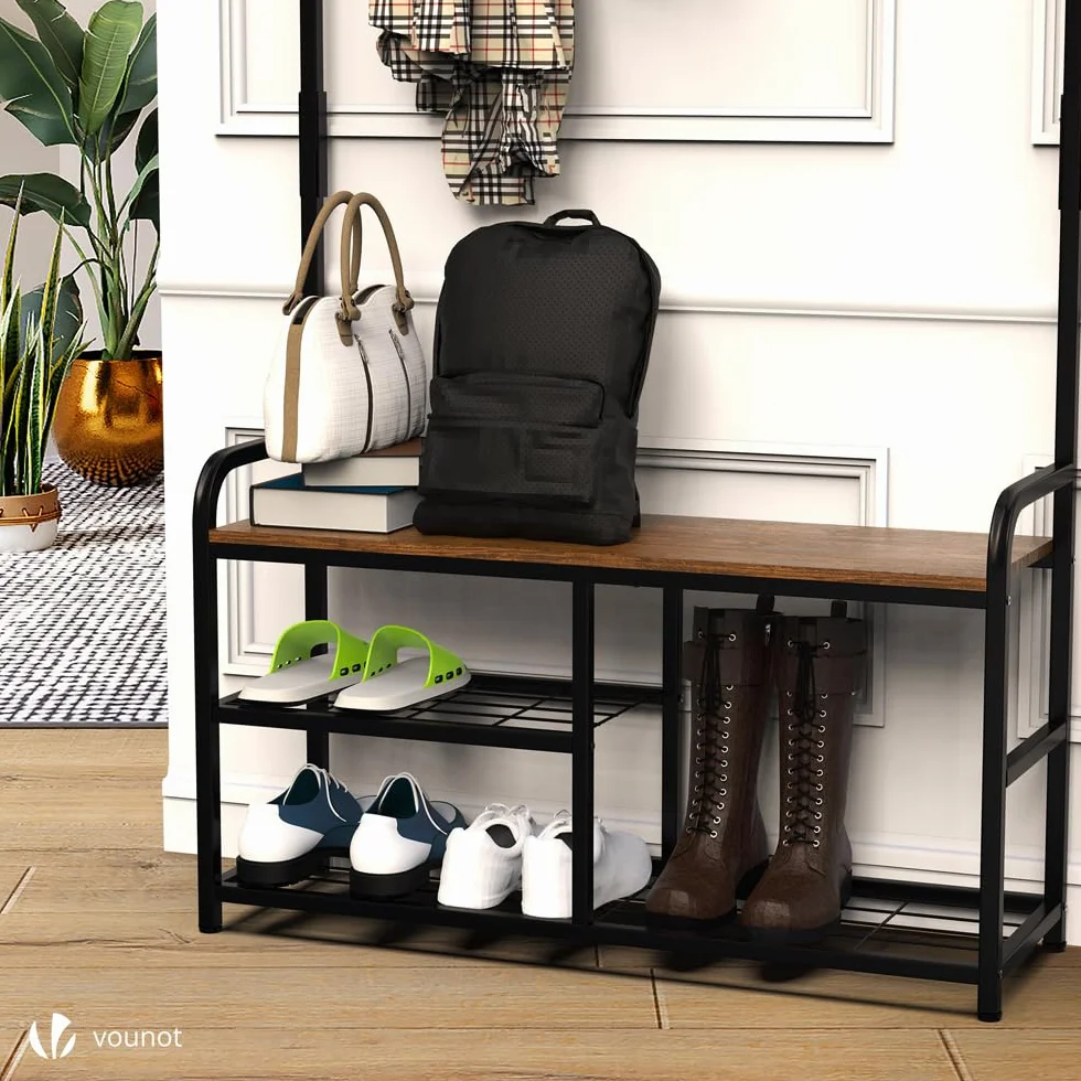 VOUNOT® Stand Appendiabiti da Terra con Panca Scarpiera a 3 Ripiani, Attaccapanni Autoportante Mobile Ingresso Corridoio 9 Ganci Rimovibili, Design Moderno Industriale 85x33x185cm