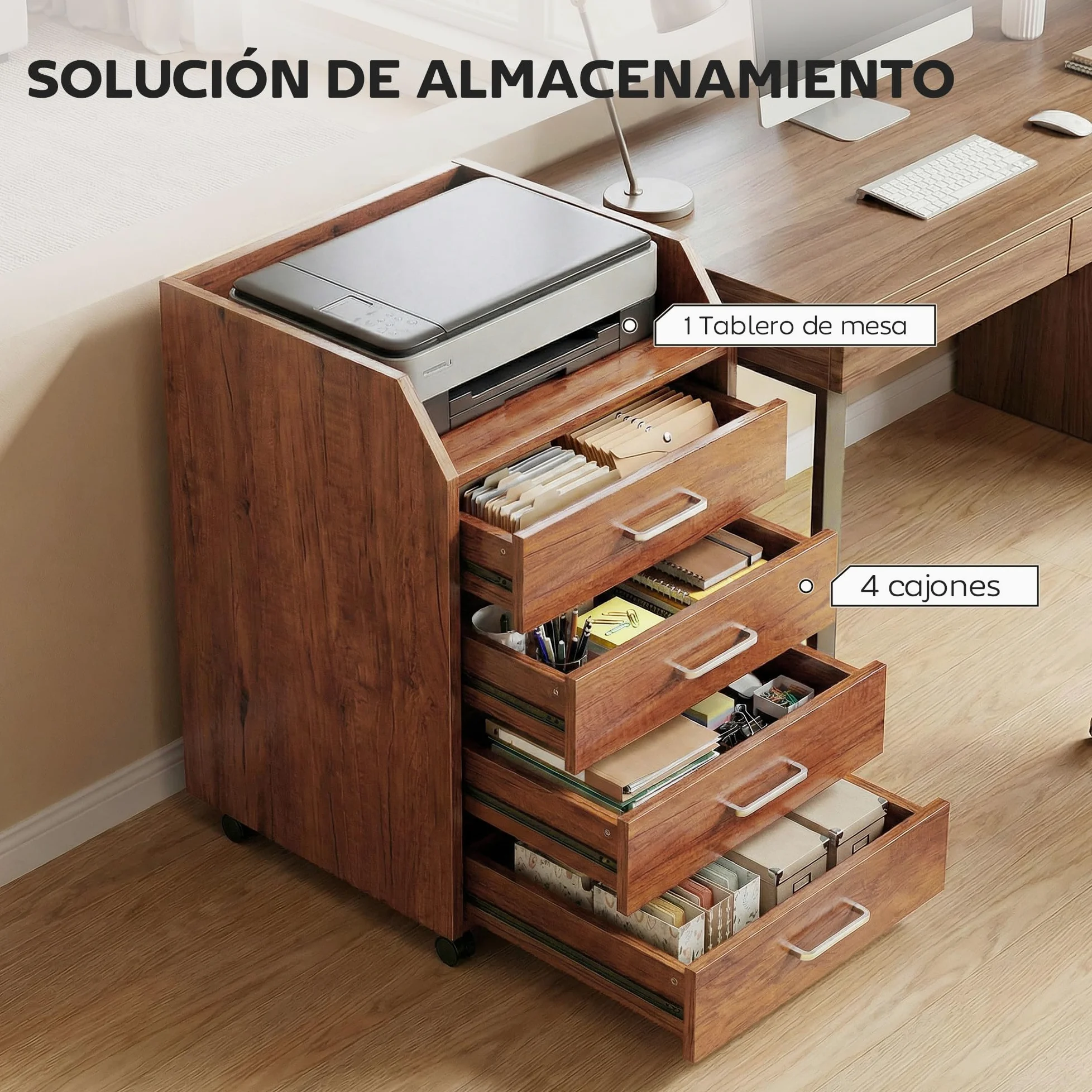 Vinsetto Cassettiera da scrivania con ruote, cassettiera da ufficio con 4 cassetti, schedario mobile per studio, salotto, da posizionare sotto la scrivania, 40x36x65 cm, marrone