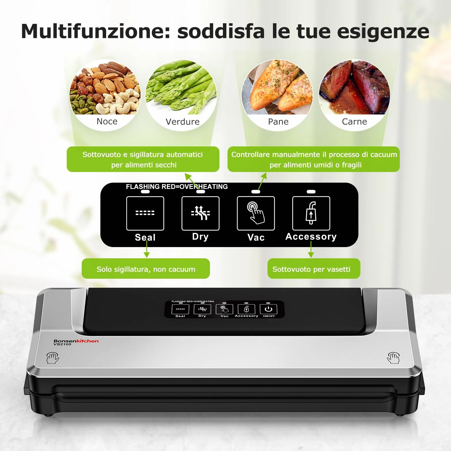 Bonsenkitchen Macchina Sottovuoto per Alimenti 4 in 1, Cottura Sottovuoto e Conservazione, Modalità Vuoto Esterno, 5 Sacchetti