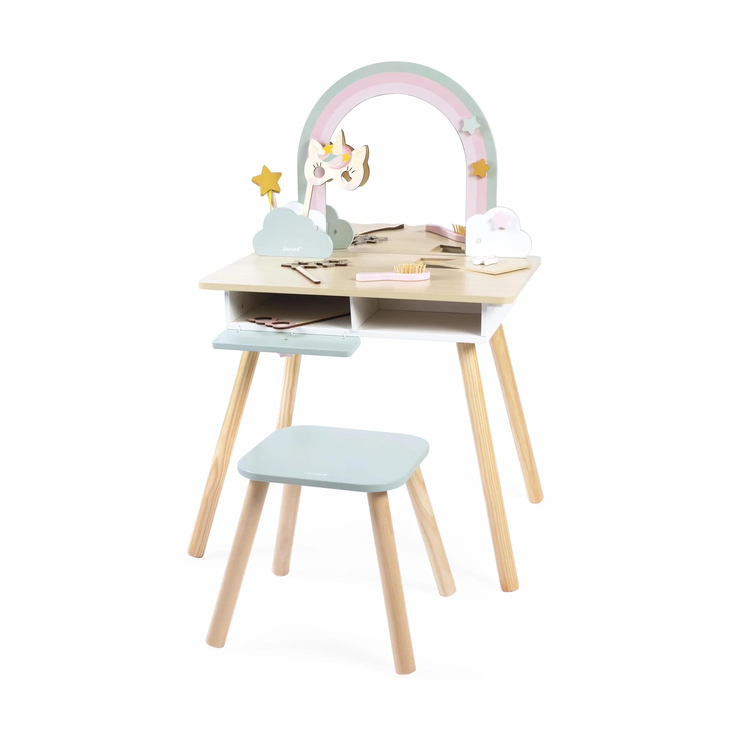 Janod Tavolino da Toilette per Bambina, Tema Unicorno, Gioco d'imitazione, Tavolino da Toilette con Specchio e Sgabello Giocattolo, 10 Accessori, Dimensioni 56,6 x 42,5 x 86,25 cm, da 3 Anni