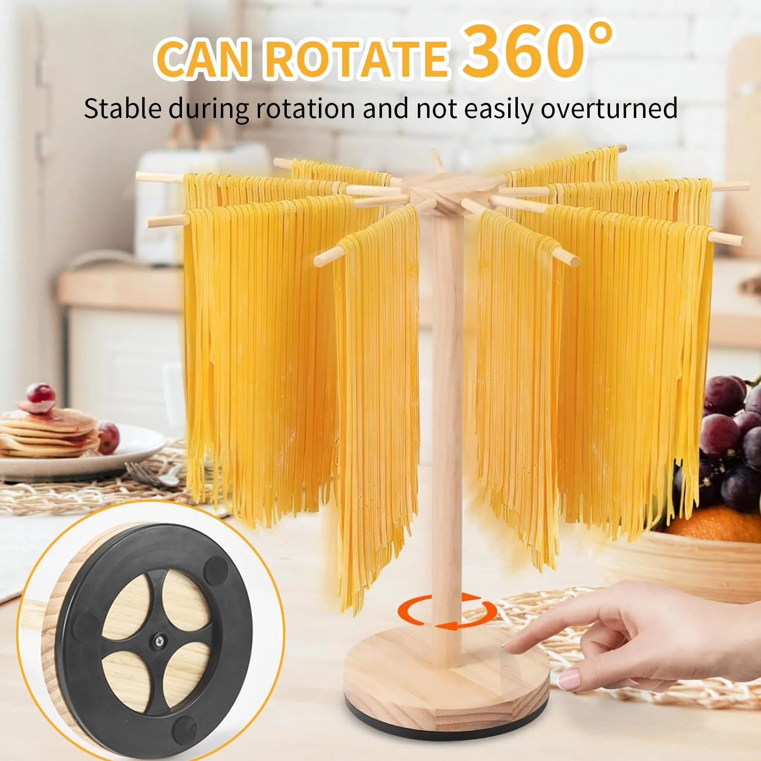 Asciugapasta in Legno con 9 Bracci Rimovibili e Base Girevole, Porta Fino a 4.5kg, Ideale per Pasta Fresca Italiana e Cinese