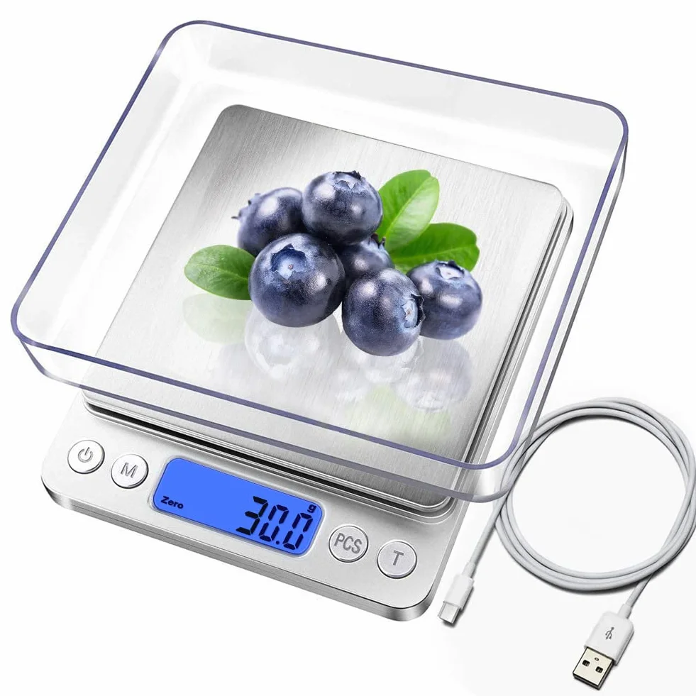 Digitale Bilancia da cucina, ricarica USB, piccola mini bilancia da 3 kg / 0,1 g, bilancia elettrica da cucina, impermeabile, ricaricabile tramite USB, in acciaio inox, per ingredienti gioielli caffè