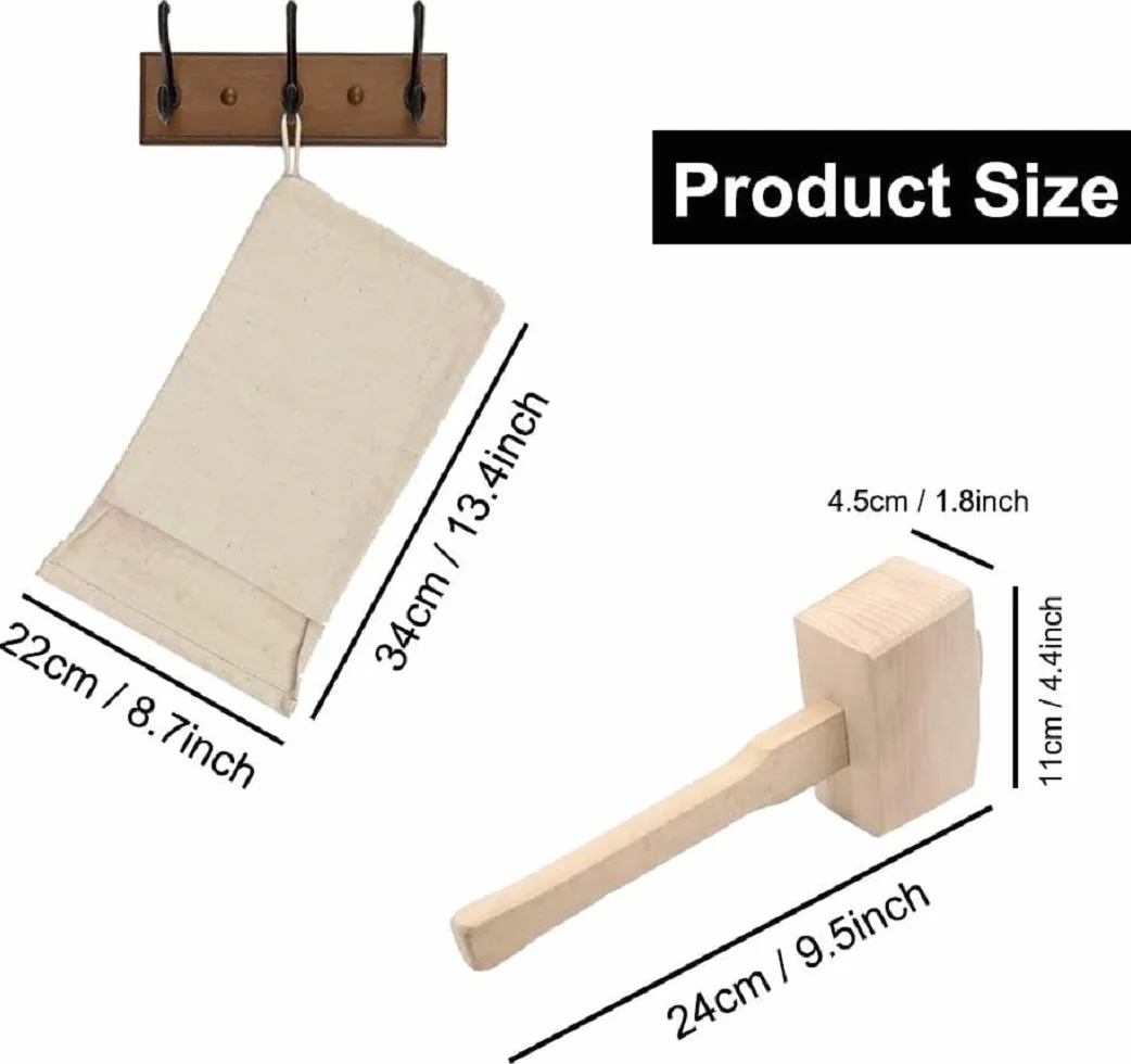 Lewis Bag and Manual Rompighiaccio, borsa per ghiaccio riutilizzabile in cotone con accessori in legno Bar Kitchen Accessory Kit per Crushes Ice Dried Ice. (2 pezzi)