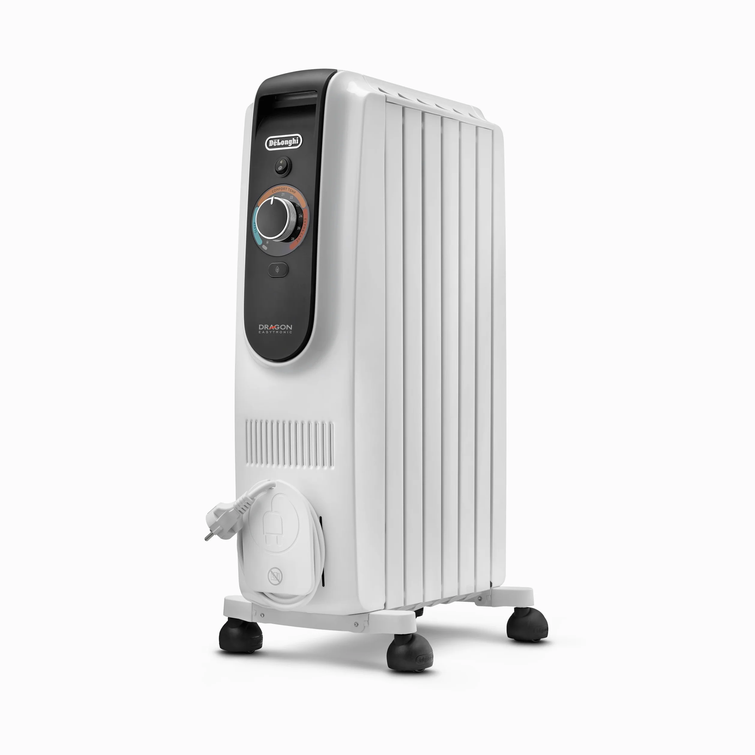 De'Longhi Dragon EasyTronic – Radiatore ad Olio per stanze fino a 45 m³, Stufa Elettrica con Termostato di Sicurezza, 6 Elementi, 12 Livelli di Riscaldamento, Portatile, 1500W, Bianco (TRD50615)