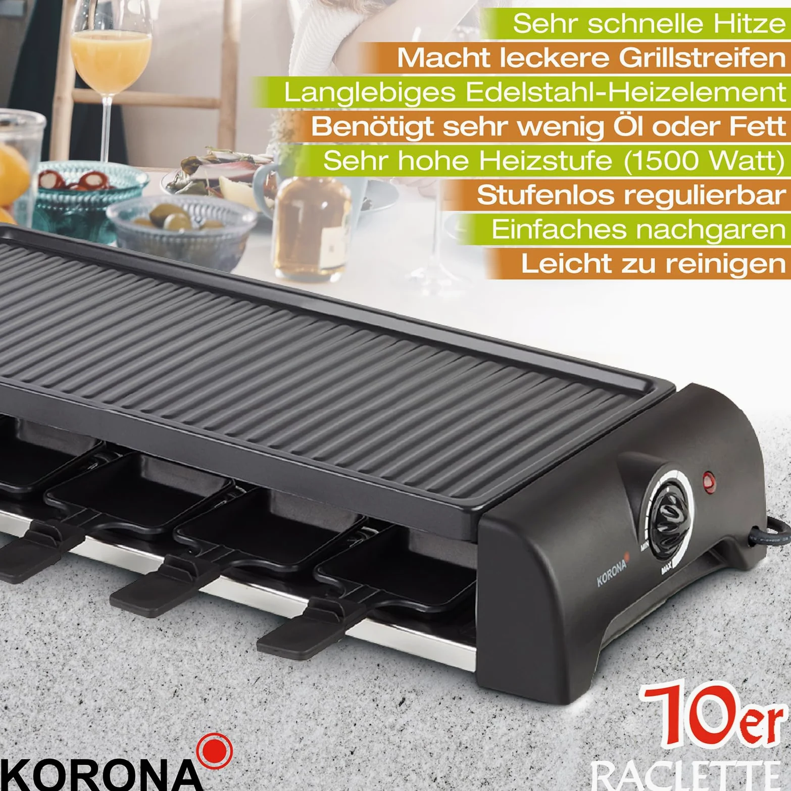 Korona 45060 Raclette per 10 persone | Raclette XXL con 10 padelle e spatole in legno | piastra antiaderente | cavo lungo 1,2 m | 1500 Watt, nero