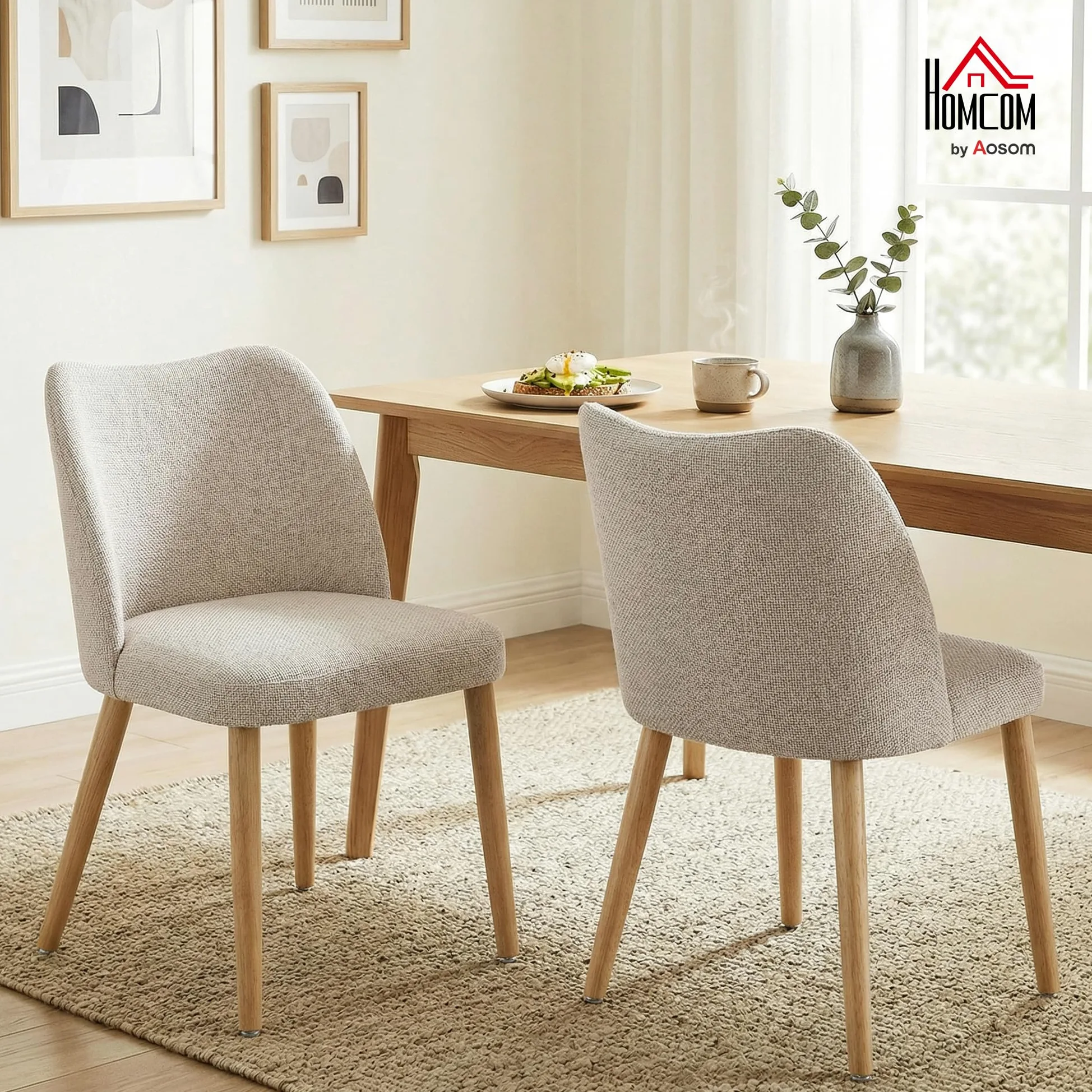HOMCOM Set di 2 Sedie Sala da Pranzo in Tessuto Effetto Lino, Sedie Cucina Scandinave con Gambe in Legno di Caucciù, Schienale Curvo, Sedia Imbottita per Cucina, Camera da Letto, Soggiorno, Crema