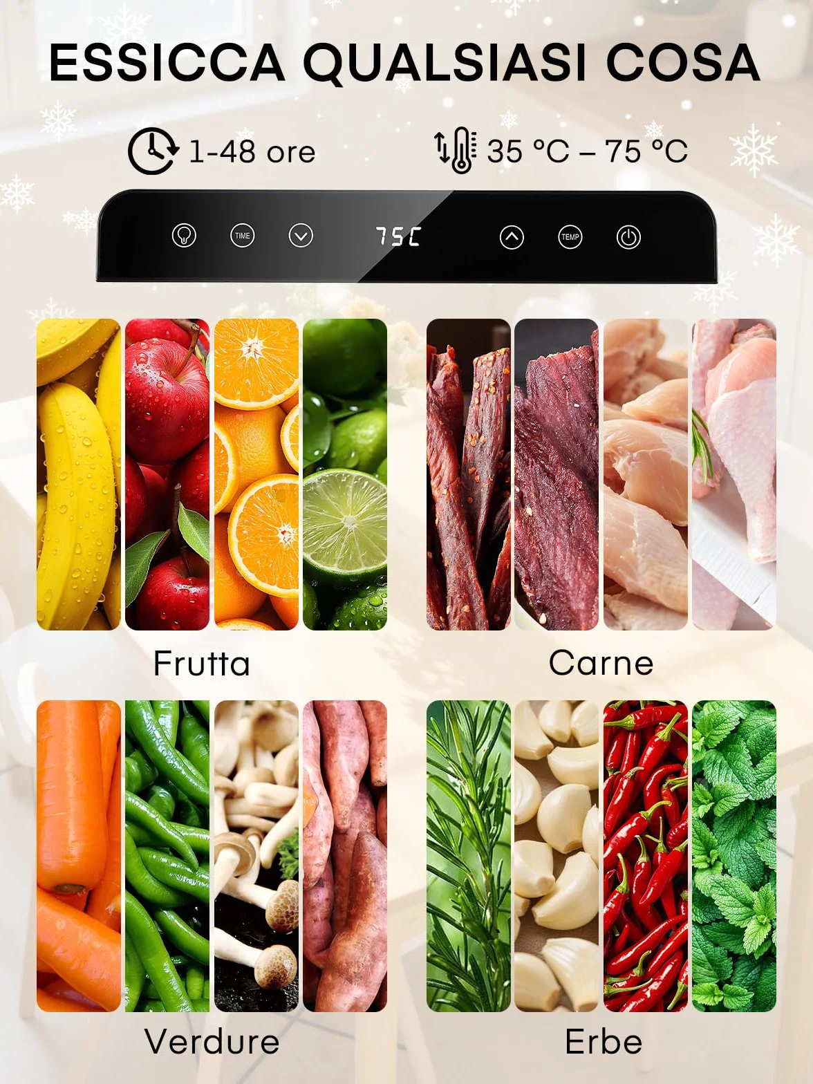 FOHERE Essiccatore Alimentare 8 Vassoi in Acciaio Inox, Silenzioso <40dB per Uso Notturno, Termostato 35-75℃ Timer 48h, per Frutta, Verdura, Carne, Funghi, Erbe, Snack per Bebè