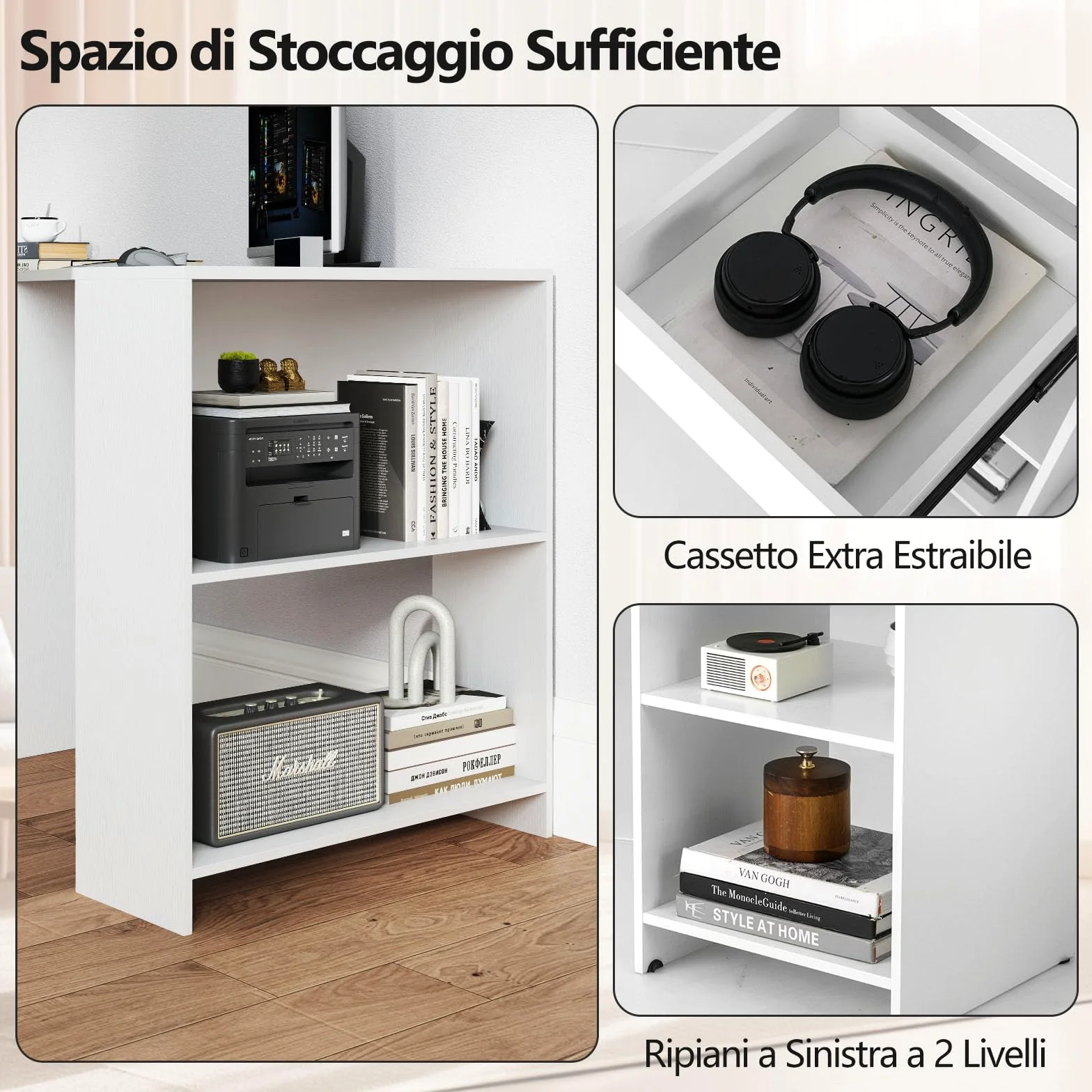 COSTWAY Scrivania ad Angolo per Computer 120 x 60 cm, Scrivania a Forma di L con Ripiani e Cassetto, Scrivania Angolare Gaming Salvaspazio per Ufficio, Studio e Cameretta, Bianco