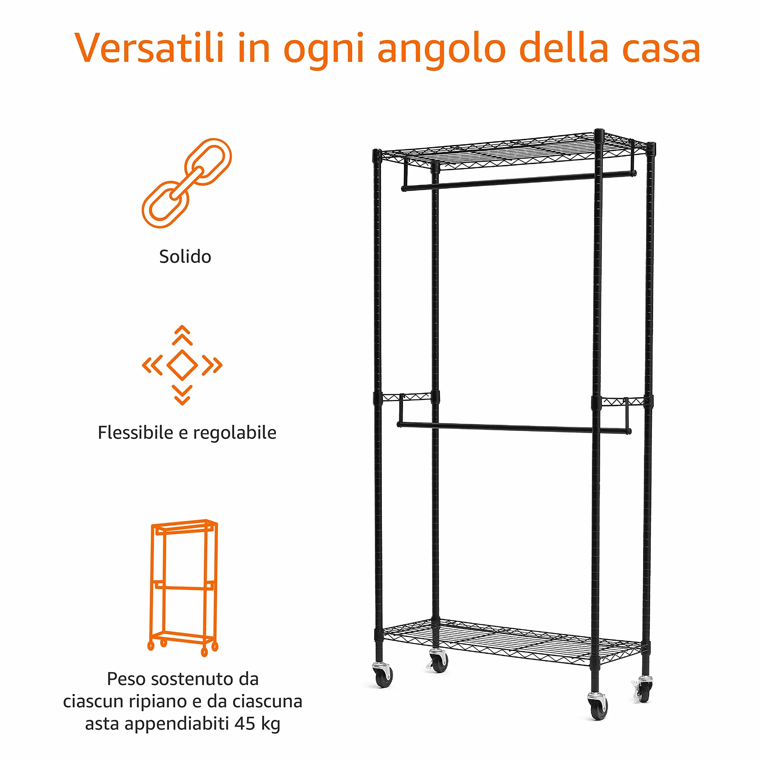 Amazon Basics Stand appendiabiti a doppia barra con rotelle Nero 91x35.5x183 cm