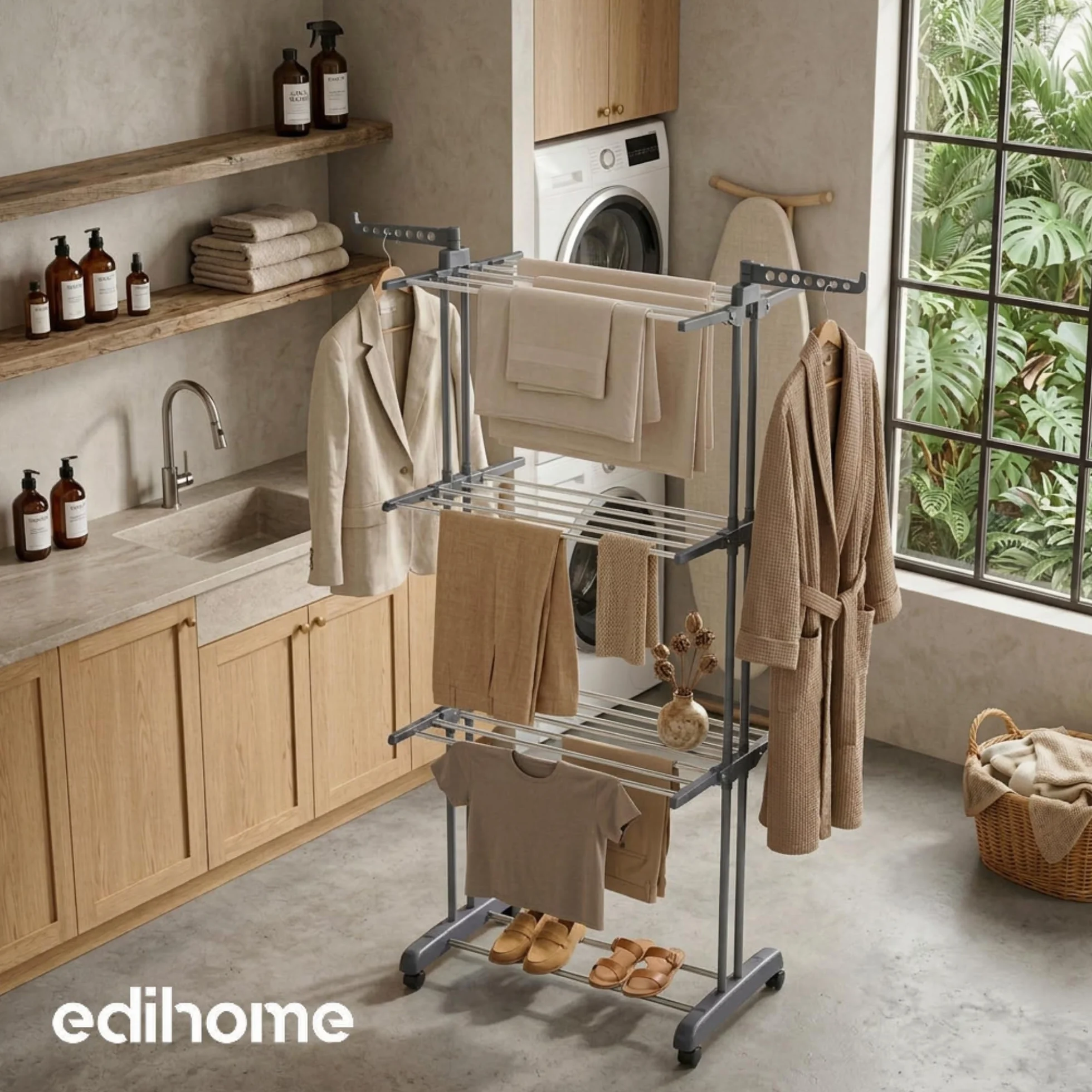 edihome, Stendino Verticale, Stendibiancheria Pieghevole 4 Livelli Con Ali Laterali, 35 Kg Acciaio Inox Con Ruote Salvaspazio Per Interno Ed Esterno (Grigio)