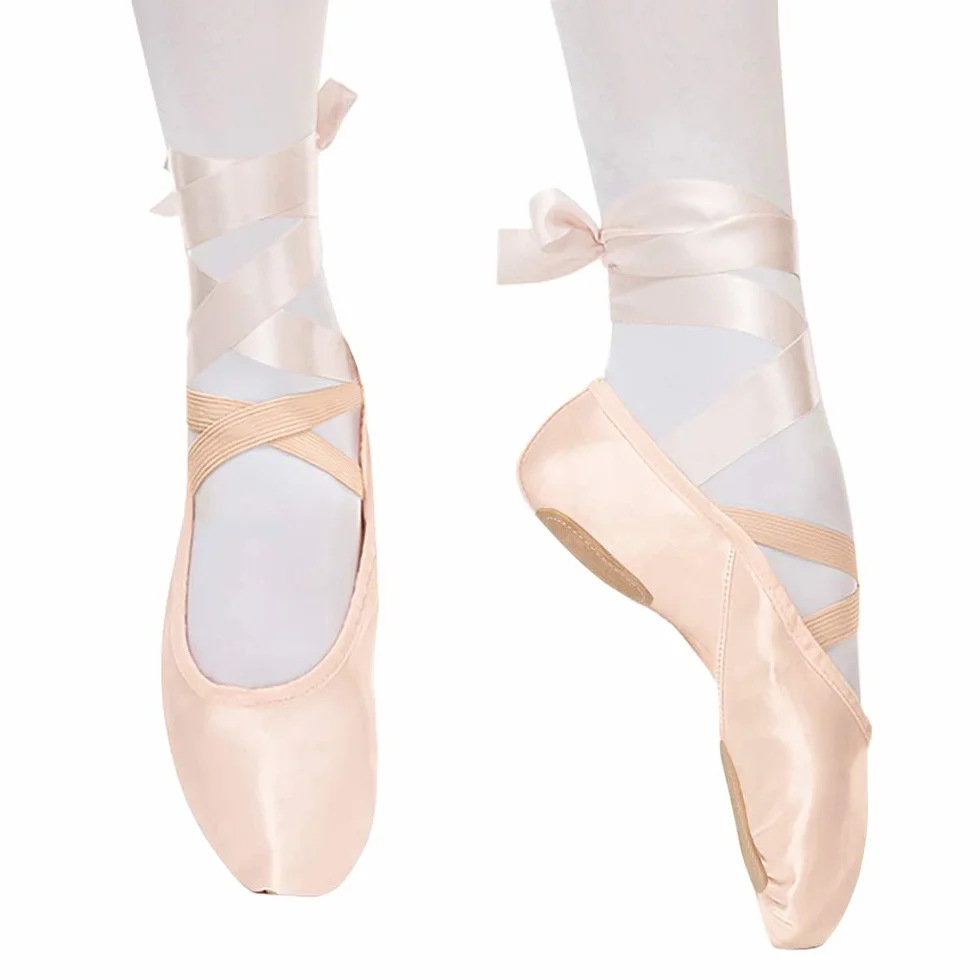 Scarpe da Danza Classica Raso con Nastro Suola Divisa in Pelle per Bambini e Adulti