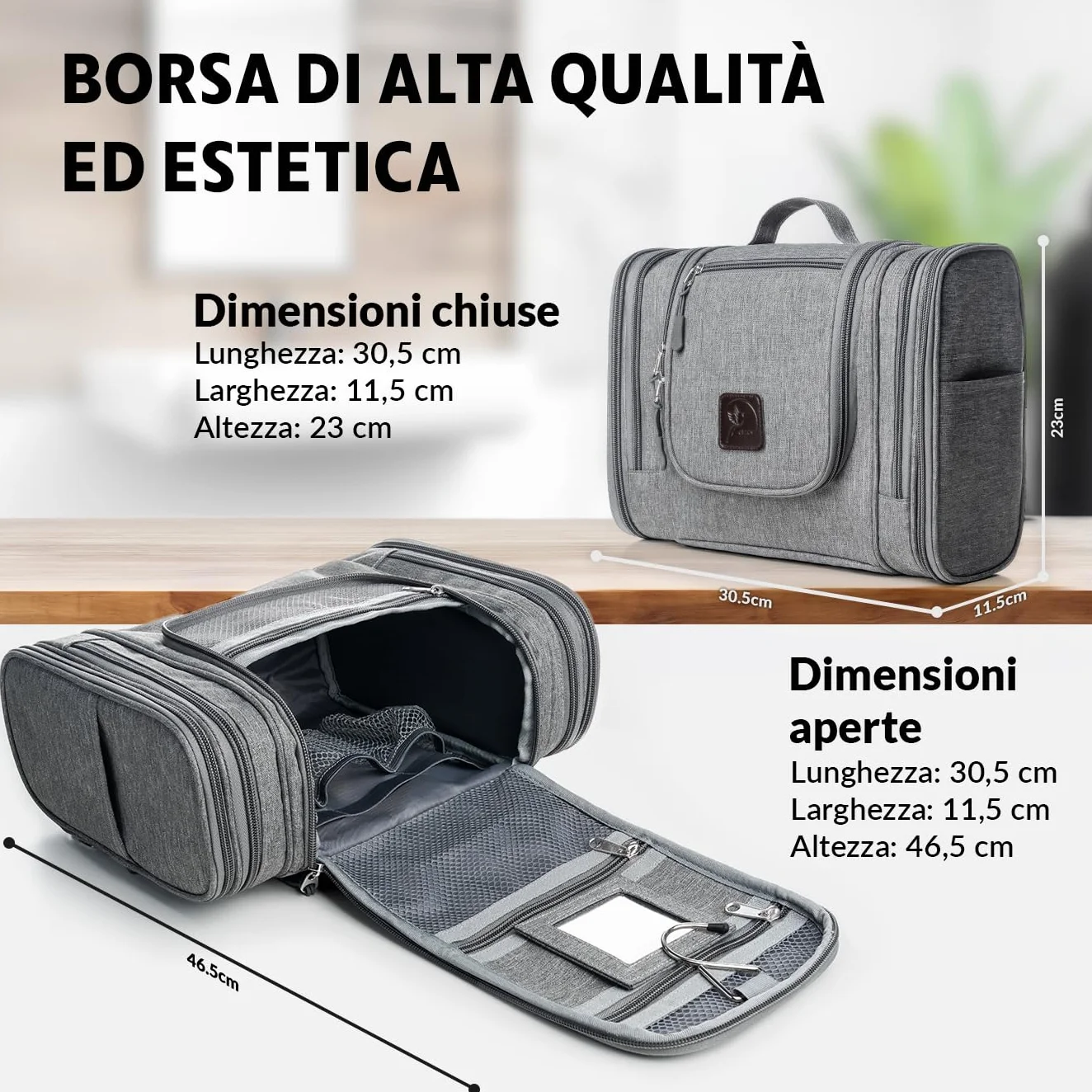 Obics® Beauty case da viaggio per uomo e donna 8L (grande) grigio XXL - Borsa da toilette e trousse da appendere con specchio - Sacchetto per cosmetici e toiletry per viaggi, campeggio (10 scomparti)