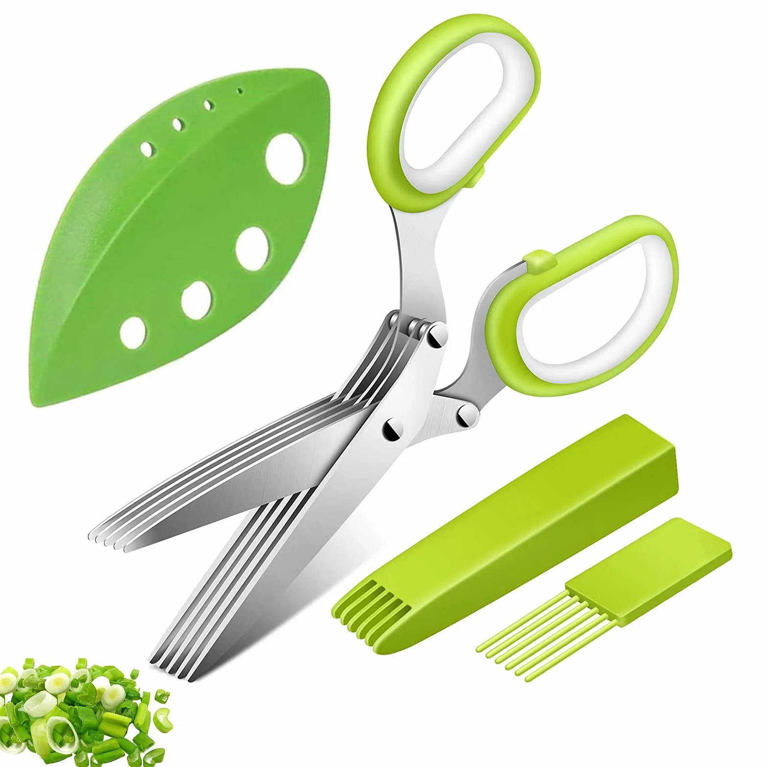 Forbici per spezie, erbe aromatiche, acciaio inox, 5 lame, pettine pulizia, copertura sicurezza, fori spelare verdure, prezzemolo, coriandolo, Butyeak