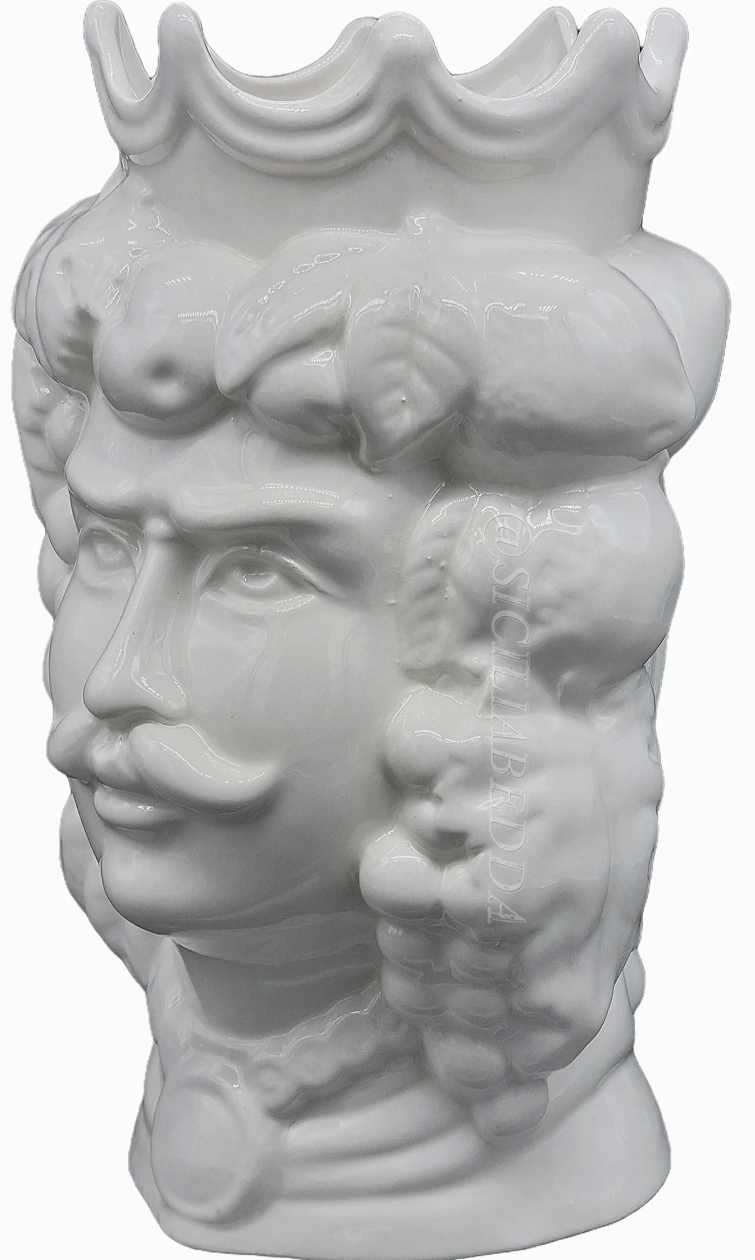sicilia bedda - Teste di Moro in Ceramica di Caltagirone - Prodotto 100% Artigianale - Alta qualità (Altezza 35 Centimetri, Uomo Bianco Lucido)