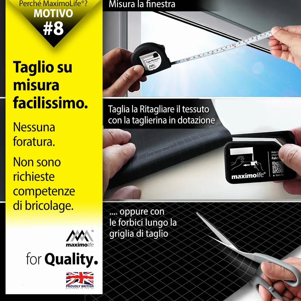Tenda oscurante MaximoLife® Ultimate 100% | Adatta a finestre di qualsiasi dimensione/forma | Griglia guida di taglio per un taglio più facile | Ventose potenti | Gancio e passante resistenti