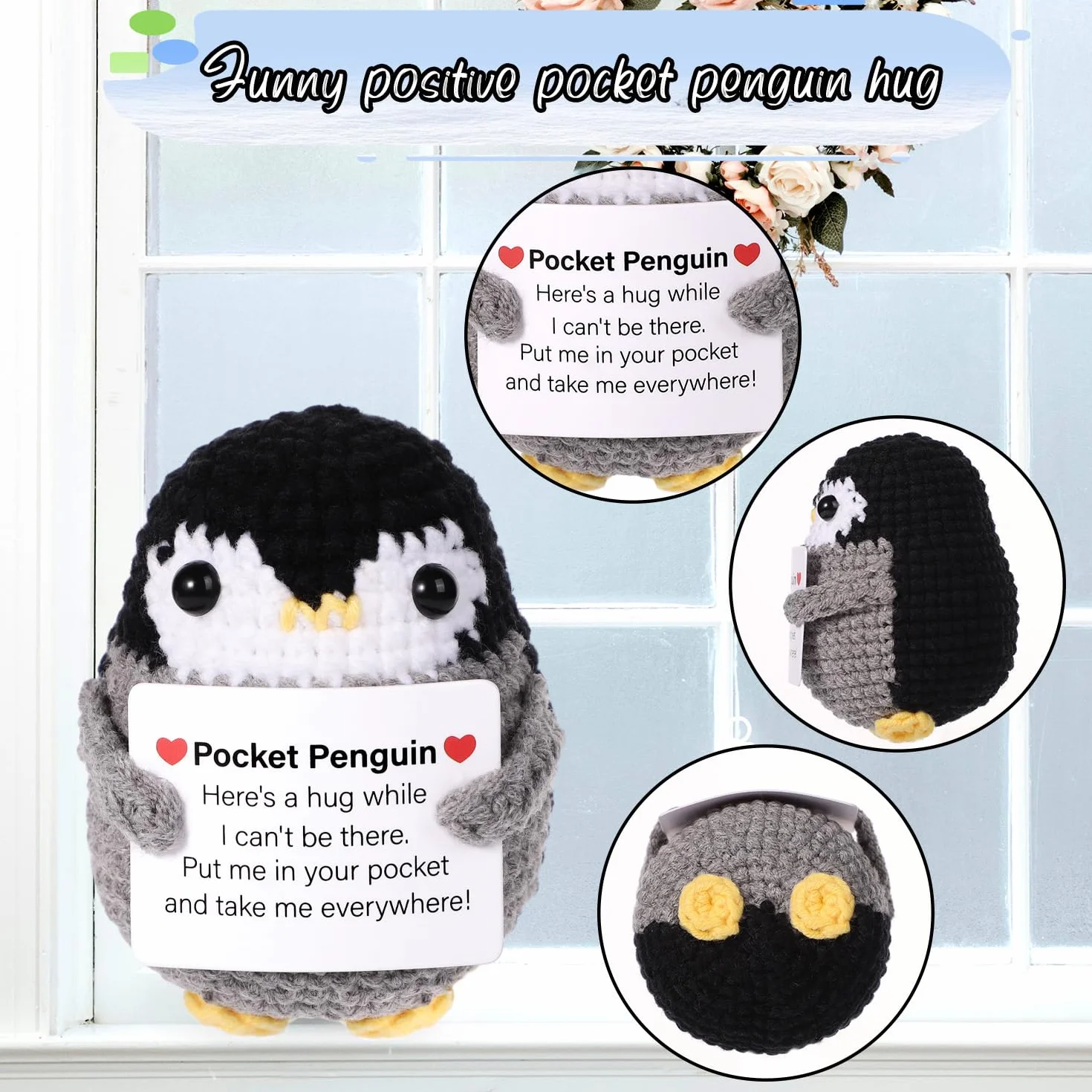 BOXOB Divertente pinguino tascabile, 6,6 cm, lavorato a maglia, con biglietto, grazioso pinguino in lana all'uncinetto, regalo creativo per incoraggiare la casa, per amici e familiari, incoraggiamento