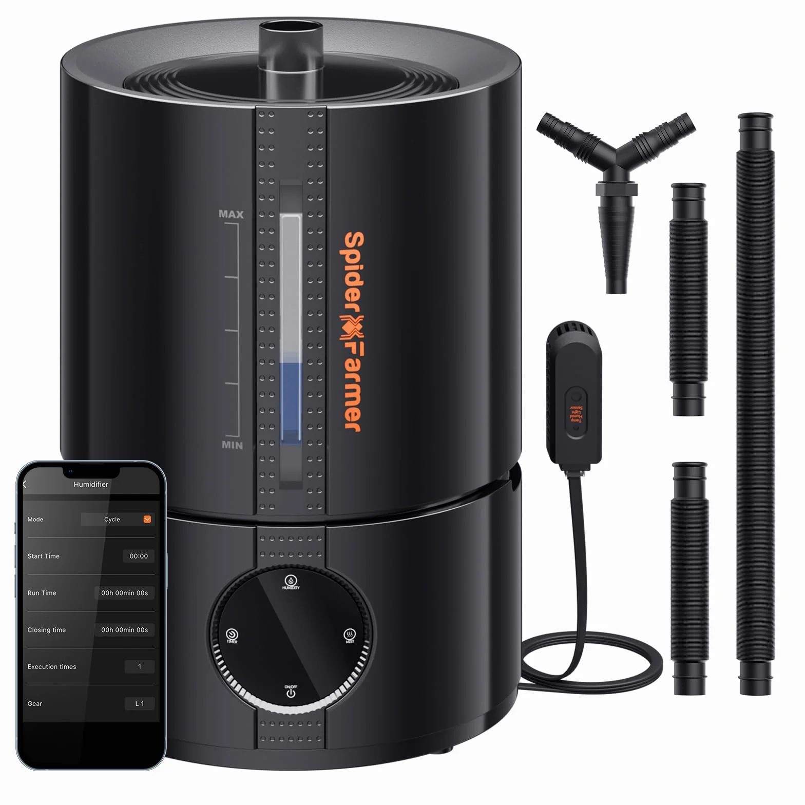 Spider Farmer Nuovo umidificatore da 450 ml/h per piante Tenda da coltivazione Camera da letto, GGS Smart Umidificatore a ultrasuoni con igrometro Nero Piccolo 5 L
