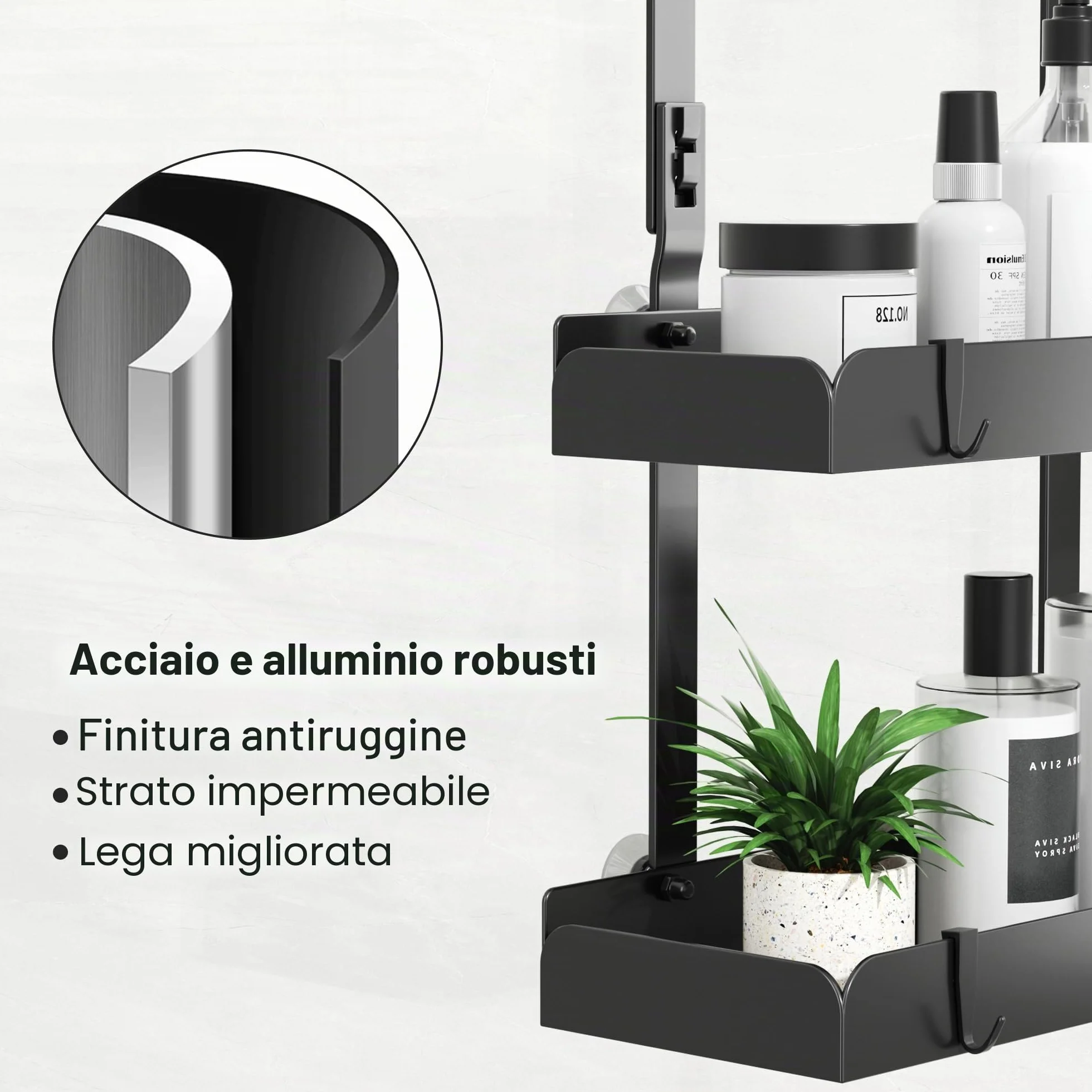 Josmimic Mensola doccia 2 ripiani 55,5 cm acciaio inox senza foratura nero
