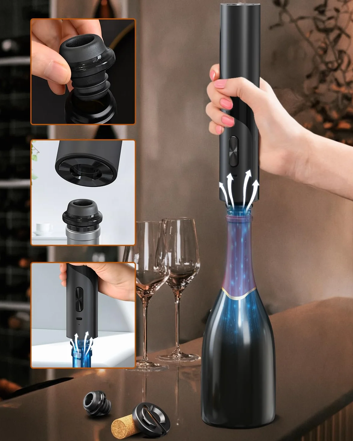 CIRCLE JOY Cavatappi Elettrico Set regalo, Apribottiglie Ricaricabile 2 in 1, Aeratore Versatore Vino, Tappi a vuoto USB