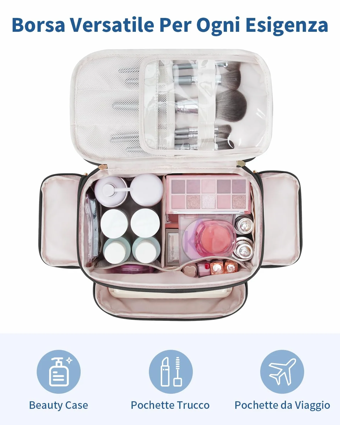 WANDF Beauty Case da Viaggio Donna, Grande Trousse Trucco a Larga Apertura con Maniglia, Organizer per Toiletries, Cosmetici, Accessori ed Essenziali da Viaggio, Nero