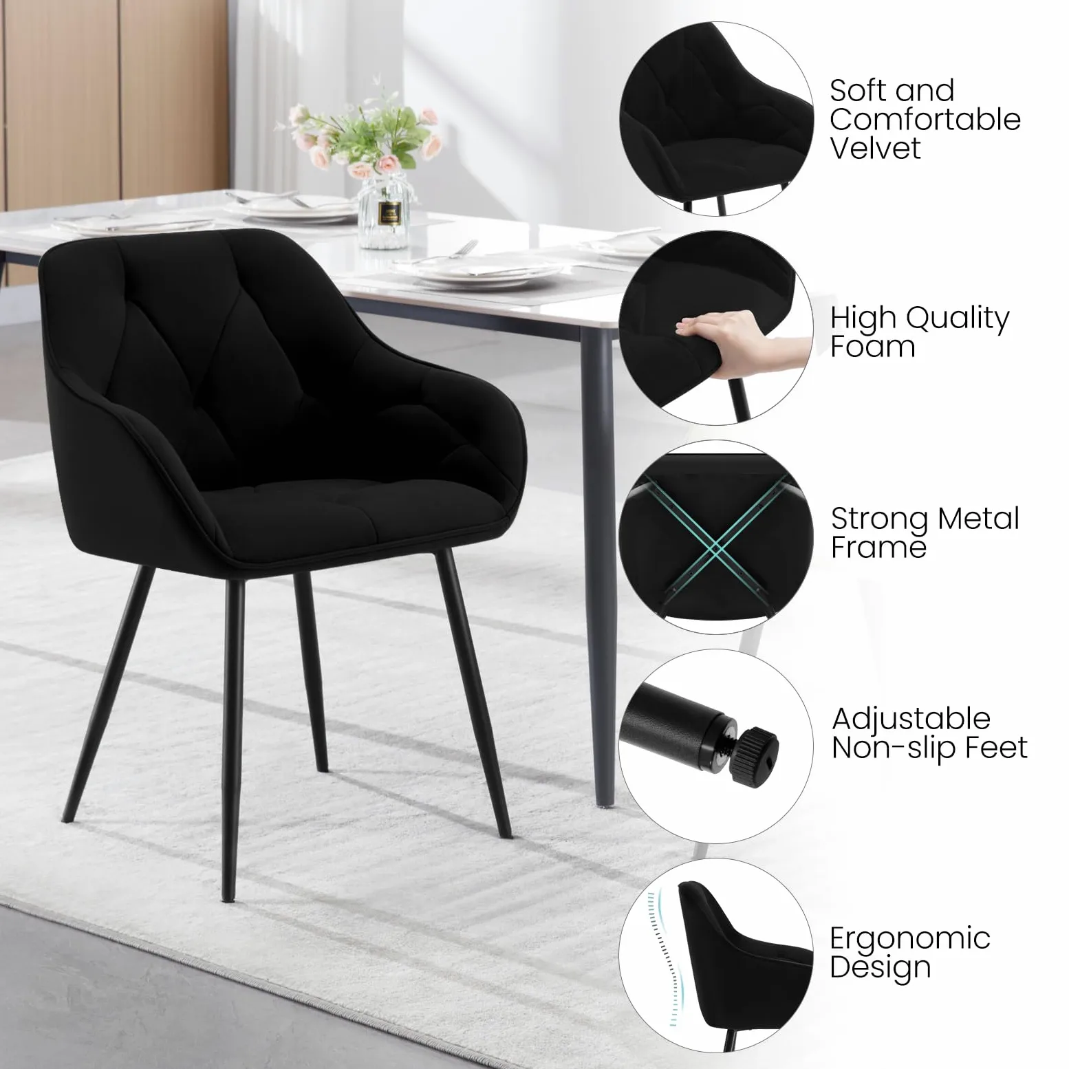 WOLTU Set di 6 Sedie da Pranzo con Braccioli e Schienale, Sedie Cucina Moderna in Velluto, Poltrone da Salotto con Gambe in Metallo, Sedie ergonomiche per Ufficio, Bar, Nero,