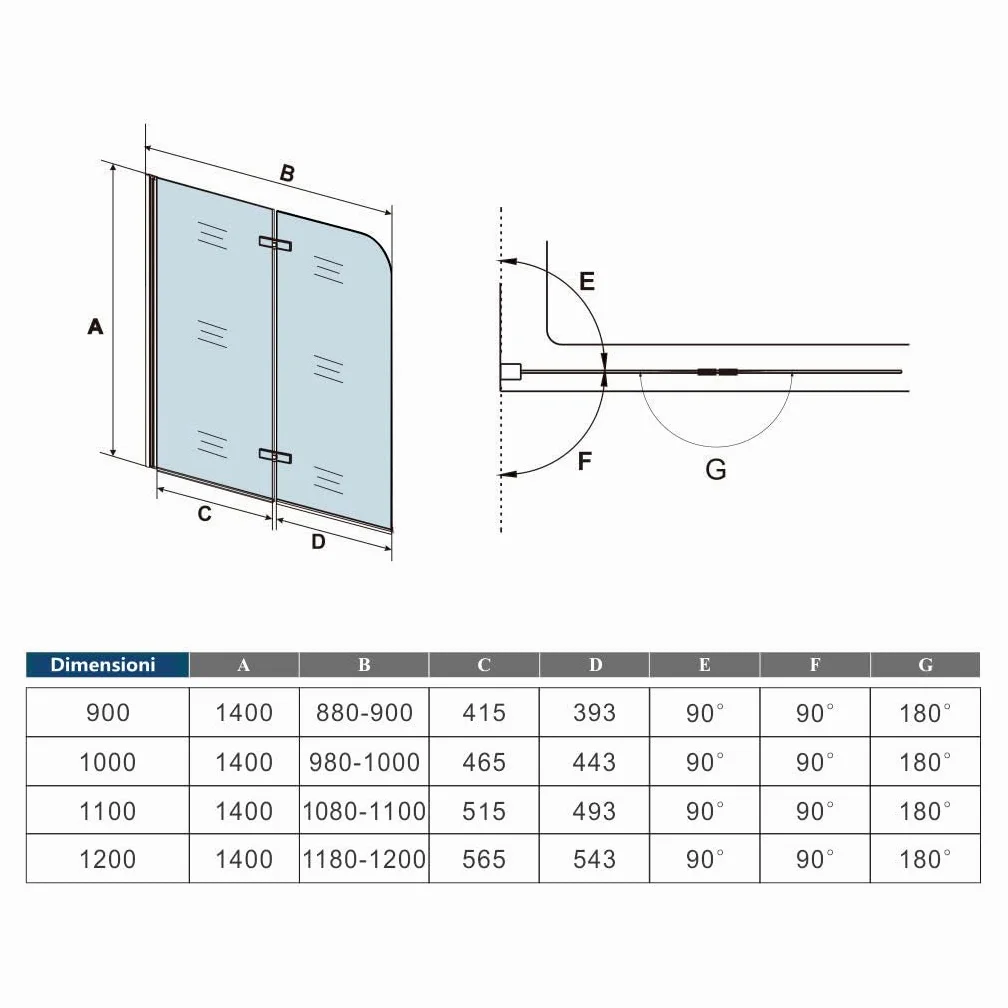 Sopravasca Parete Doccia 90x140 cm 2 ante Pieghevoli a Libro Vetro Temperato Trasparente 6 mm Anticalcare Telaio Cromo Lucido
