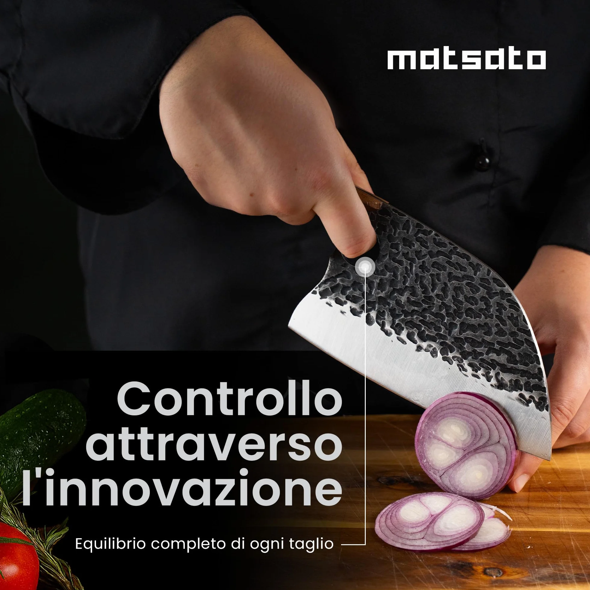 Matsato Mannaia da Cucina Professionale in Acciaio Giapponese - Coltello Mannaia con Lama 15 cm, Manico in Faggio Carbonizzato - Per Carne, Verdure e Ossa da Macellaio
