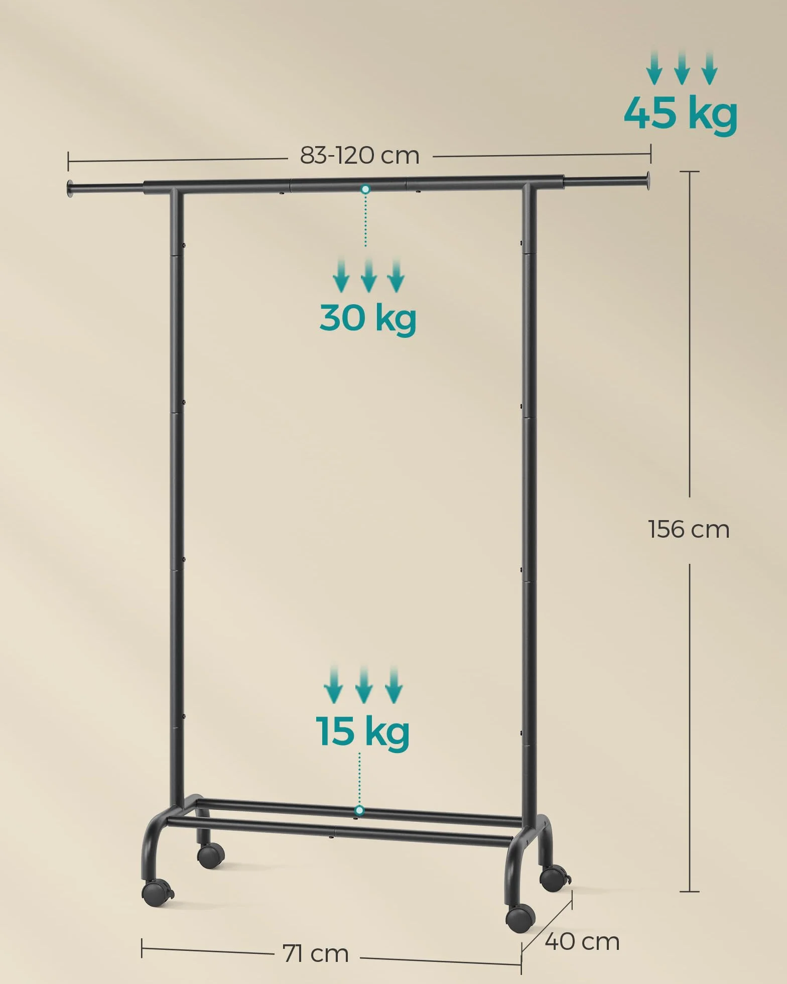 SONGMICS Stand Appendiabiti con Ruote, Attaccapanni Estensibile in Metallo, 40x(83-120)x156 cm, 45 kg, Nero HSR134B01