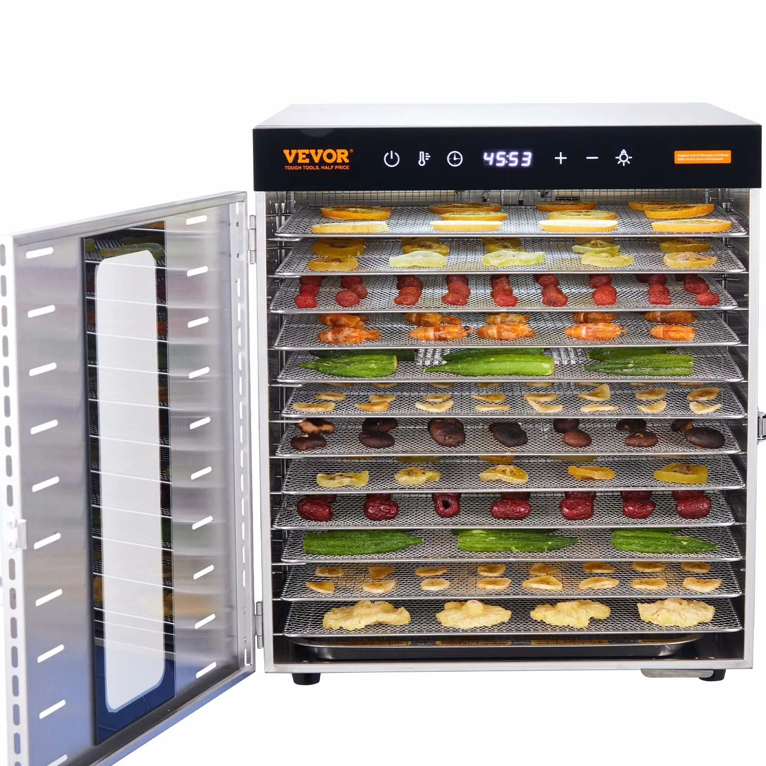 VEVOR Essiccatore Elettrico 1000W per Alimenti in Acciaio Inox 10 Vassoi Estraibili Tempo Temperatura Regolabile 30-90 ℃ Aria Circolata 360°, Macchina Essiccatrice Alimentare Domestica 46x42x46,5 cm