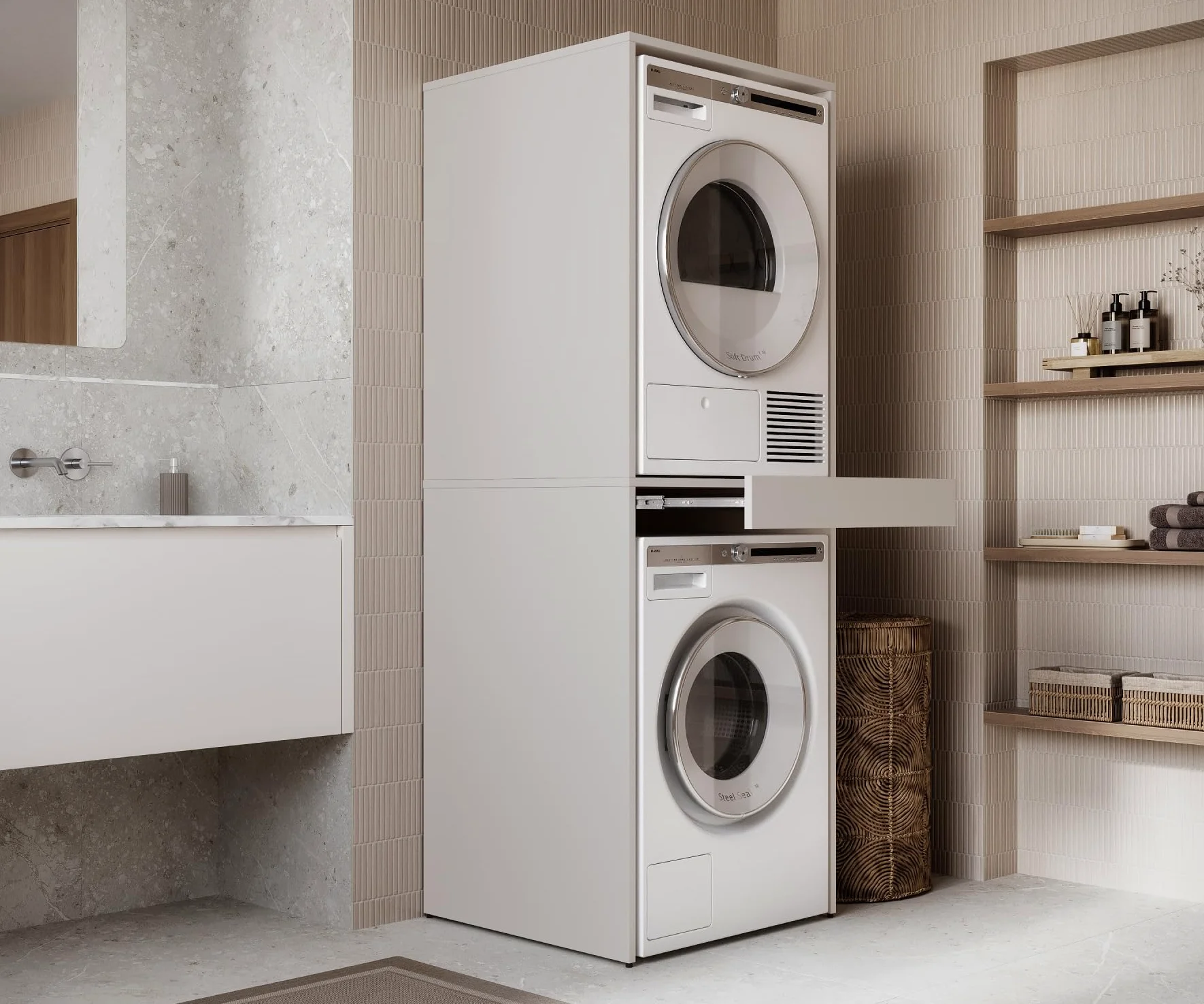 PLATAN Room Lavatrice asciugatrice con ripiano estraibile • Armadio sovrapiano 187 x 65 x 66 cm (cashmere)