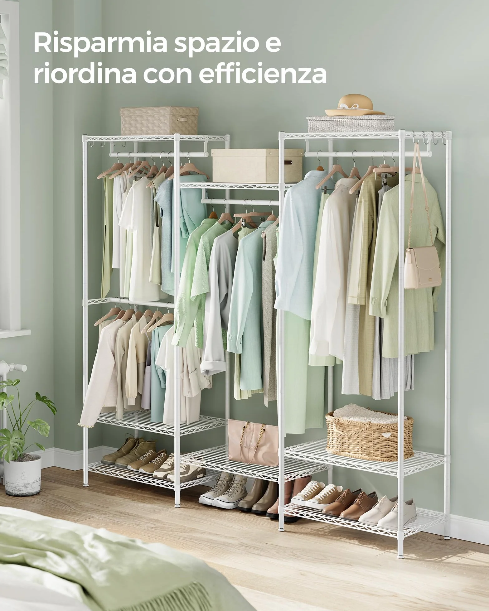 SONGMICS Armadio Guardaroba in Metallo con Ripiani Regolabili e Barre Appendiabiti Bianco Nuvola LGR431W01