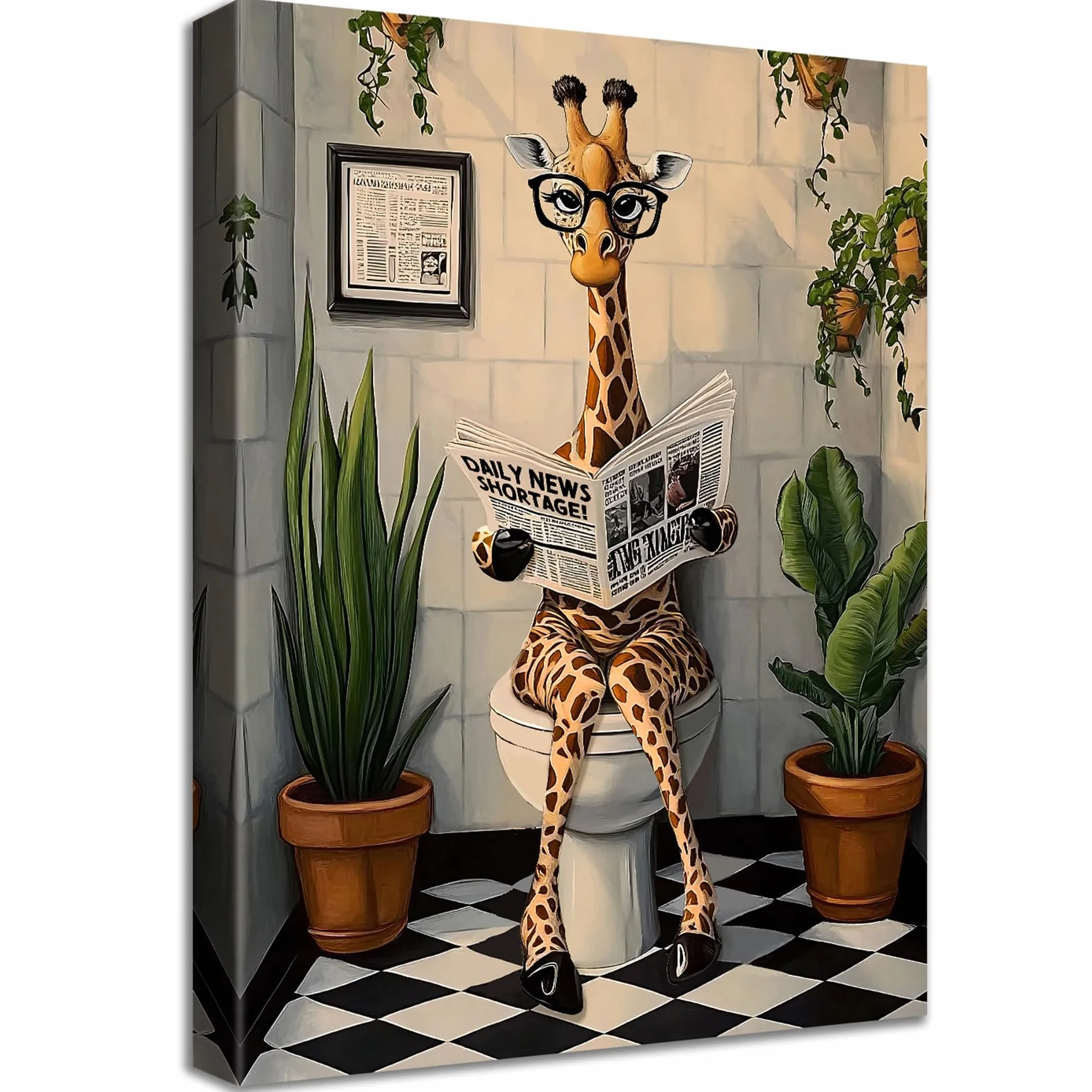 Stampa su tela Con Cornice Divertente Giraffa Pittura Giraffa che Legge il Giornale sul Water Quadri su tela Animali Umorismo Quadri Moderni Bagno Vasca da Bagno WC Stampe da Parete 30x40cm