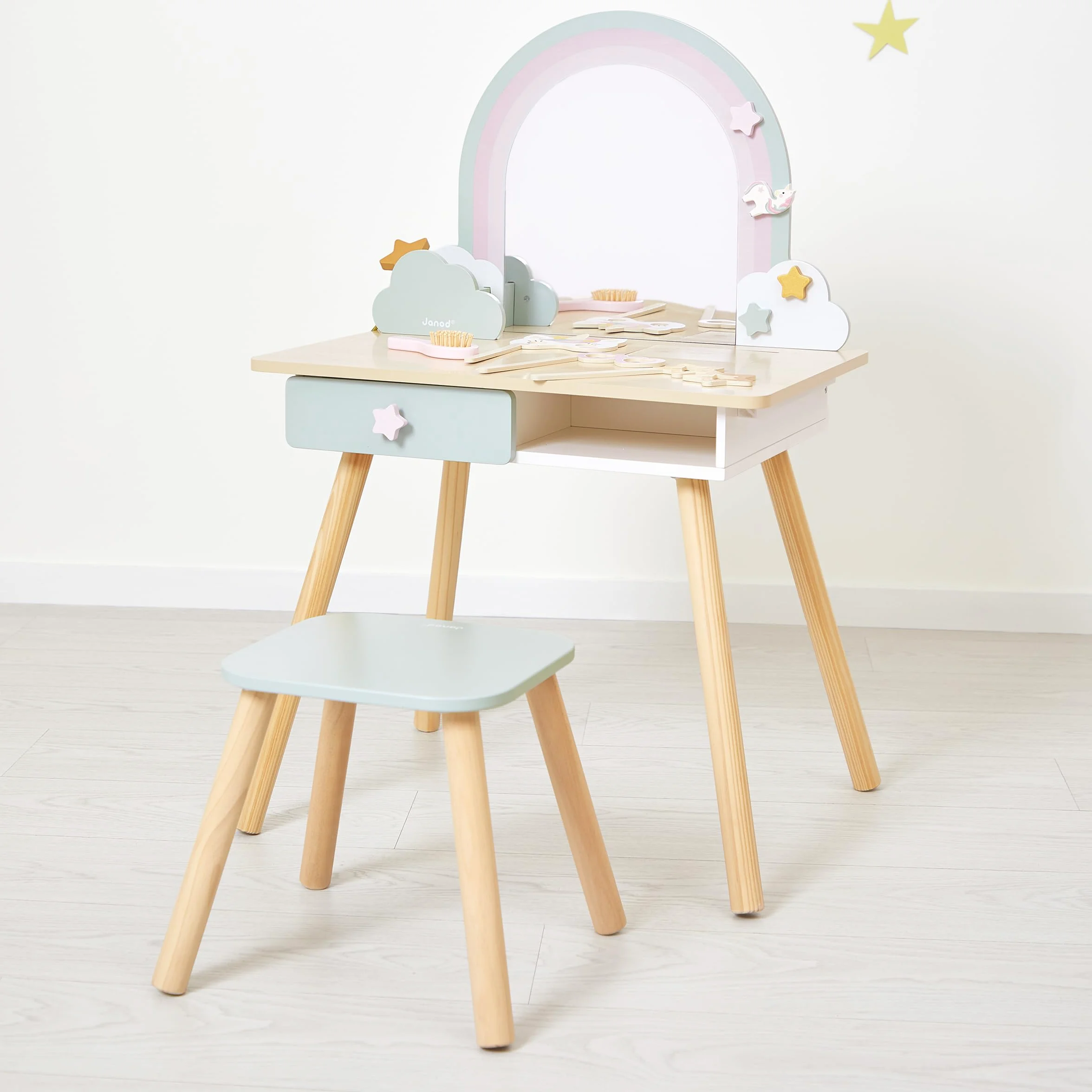 Janod Tavolino da Toilette per Bambina, Tema Unicorno, Gioco d'imitazione, Tavolino da Toilette con Specchio e Sgabello Giocattolo, 10 Accessori, Dimensioni 56,6 x 42,5 x 86,25 cm, da 3 Anni