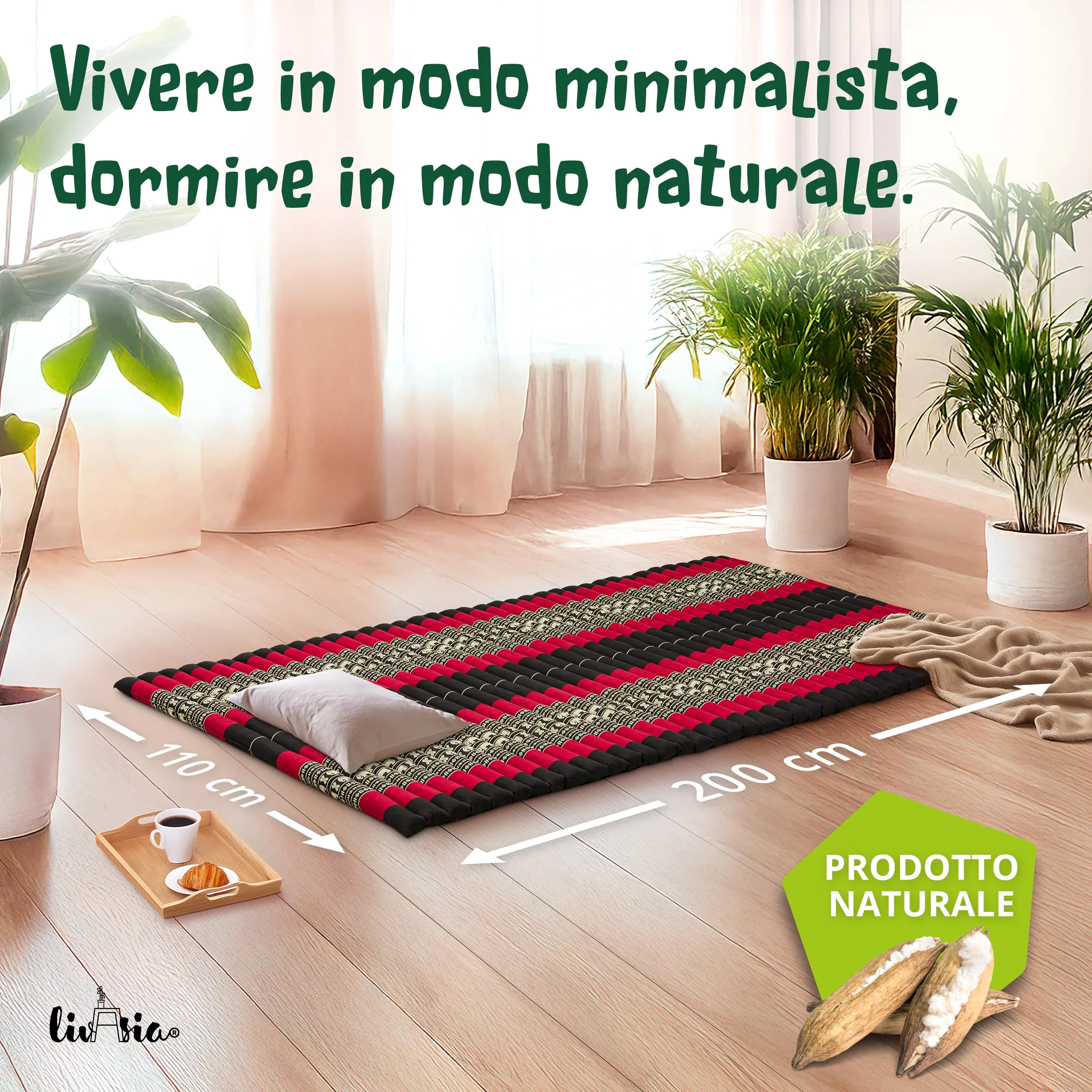 livasia tappetino materasso arrotolabile L largo - 200x110x4,5cm - letto materasso per ospiti 1 persona, lettino da viaggio, tappetino thai kapok giardino balcone fatto a mano