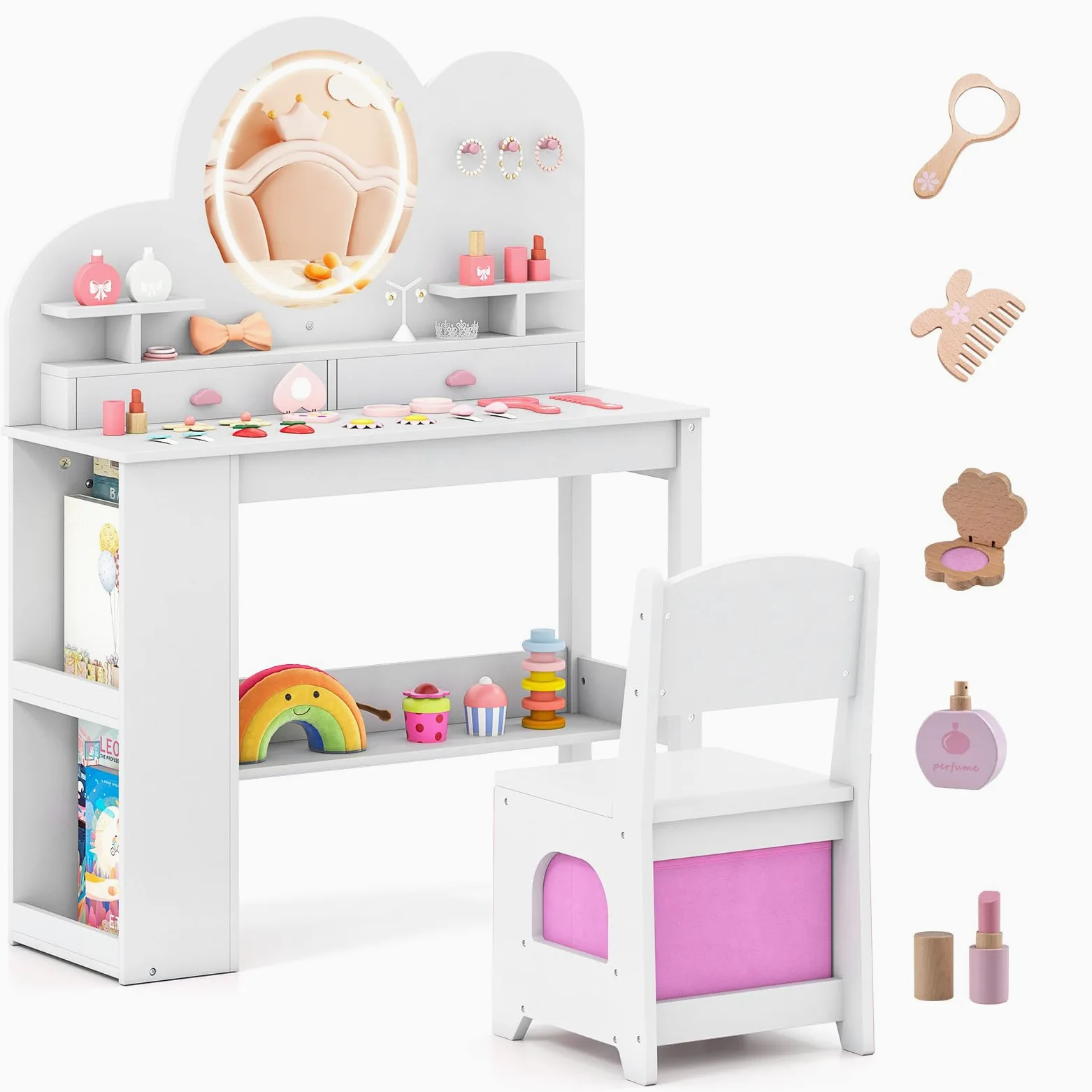 LIFEZEAL Specchiera Trucco per Bambina 3+Anni, con Luci, Sgabello, Sedia, Forma di Nuvole, Toeletta Tavolo, Postazione Makeup, con 3 Cassetti, Ripiani Aperti, Ganci, Accessori, Cameretta (bianco)