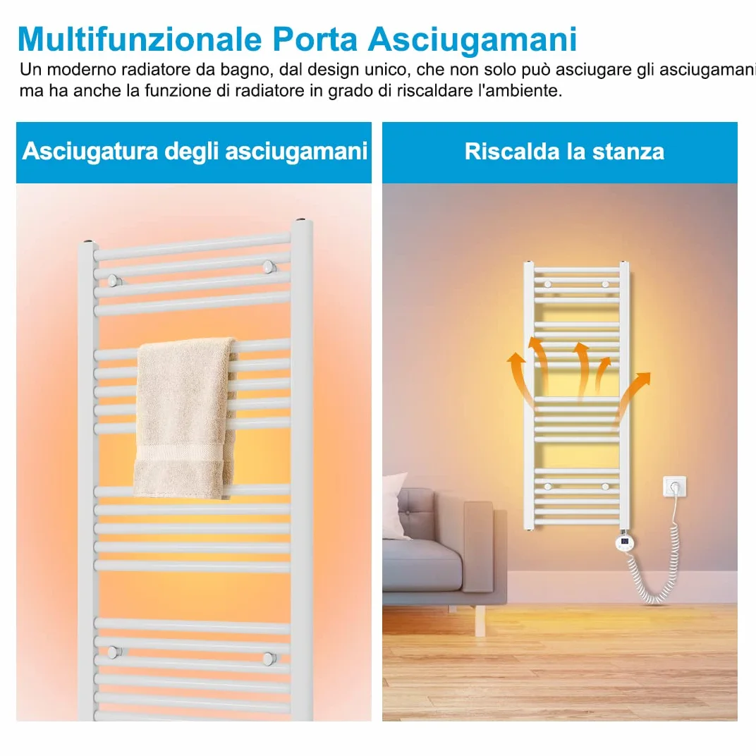 Heilmetz Scaldasalviette elettrico bianco 100x40 cm,Radiatore elettrico con termostato digitale e funzione Timer per asciugamani,Asciugatore elettrico per asciugamani,300 W