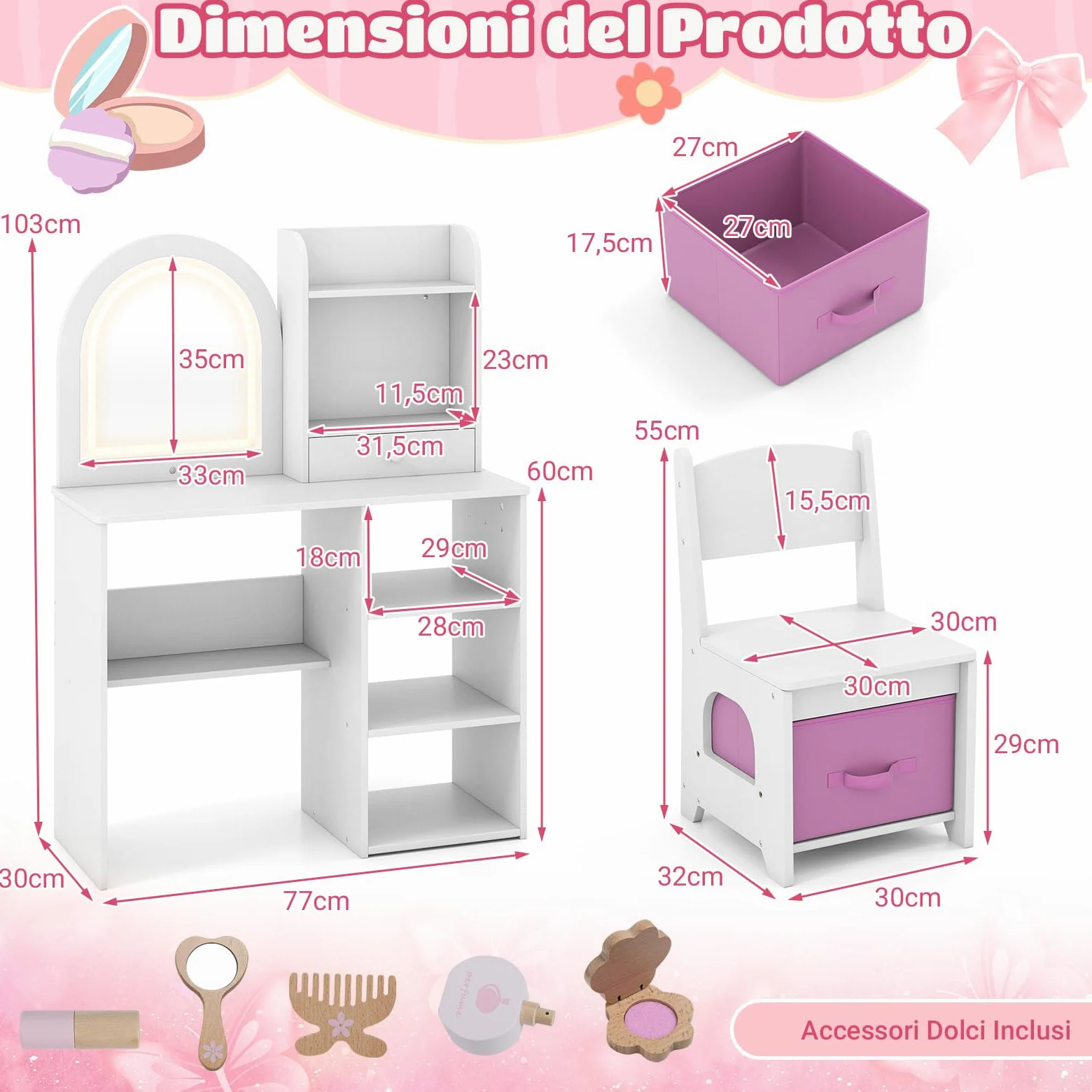 COSTWAY Toeletta Trucco per Bambina con Sgabello, Tavolo Trucco in Legno con Specchio Luci LED, Ripiani Aperti, 3 Ganci e Cassetto, Set Mobile da Principessa con 5 Giocattoli per 3+ Anni (Bianco)