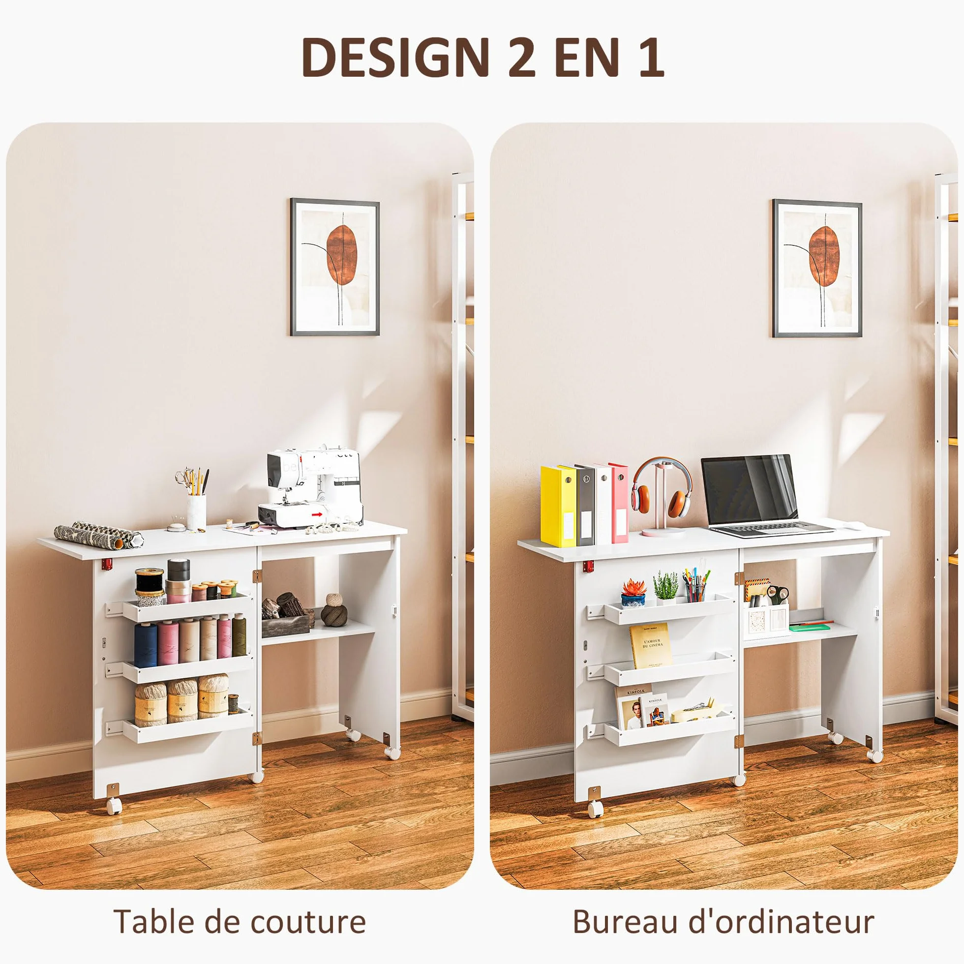 HOMCOM Tavolo da cucito pieghevole Armadio da cucito pieghevole con scomparti, ripiano aperto e rotelle, mobile per macchine da cucire, per soggiorno, ufficio, studio, dim. 118 x 40 x 79,5 cm, bianco