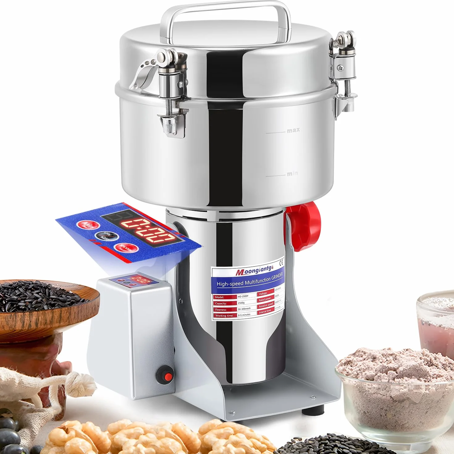 Moongiantgo 2500g Mulino per Cereali Elettrica, con Display a LED, Acciaio Inossidabile & Motore Commerciale 3600W 36000RPM, 30S Rettifica Ultra Fine ad Alta Velocità, per Cereali/Erbe/Spezie/Noci