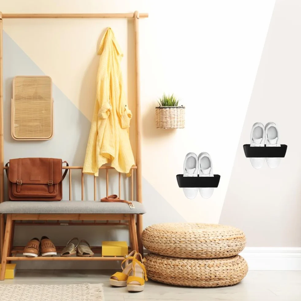 DASIAUTOEM Portascarpe da parete per camper, autoadesivi o per forare, organizer per scarpe da campeggio e camper, appendini per scarpe, mensola da parete in plastica, nero, set da 4 pezzi