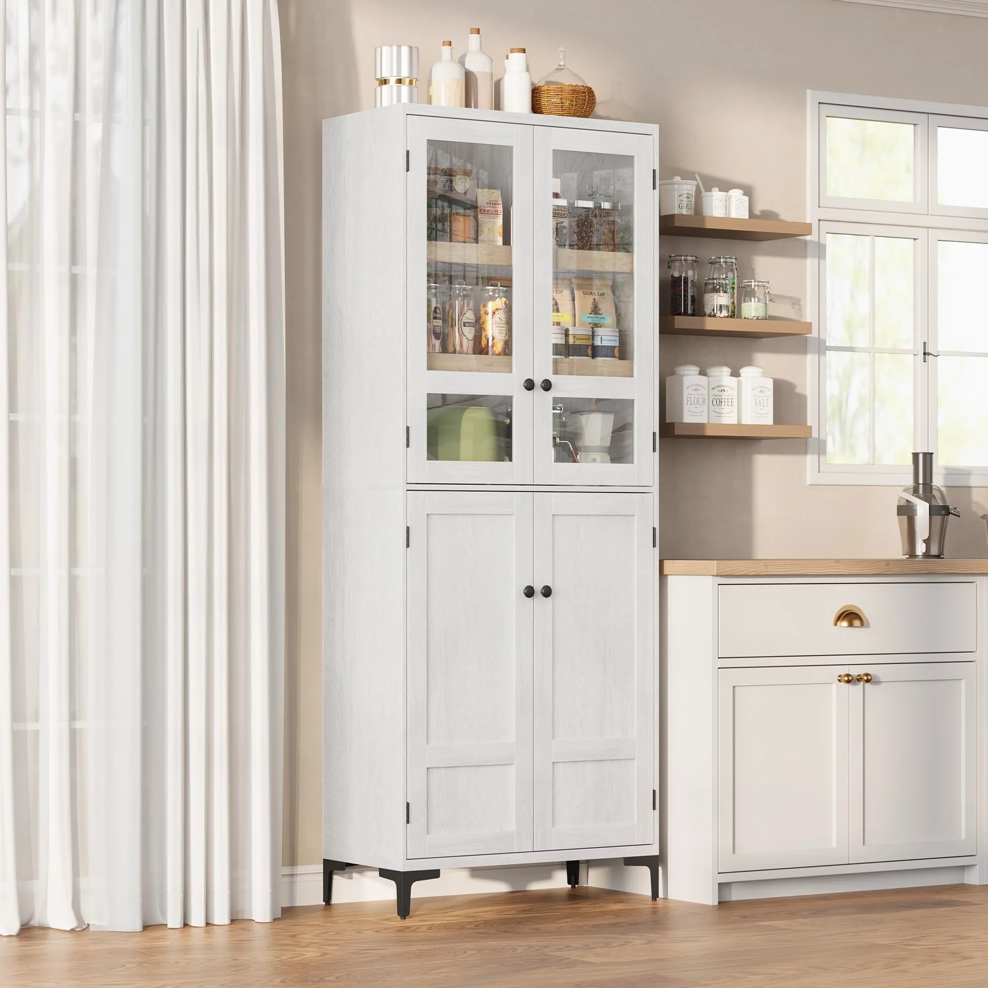 Mobile credenza ingresso alto 180 cm - 5 ripiani regolabili, ante in vetro - Armadio dispensa multiuso per cucina e bagno - Finitura bianco antico con interno legno naturale - Ante in vetro,