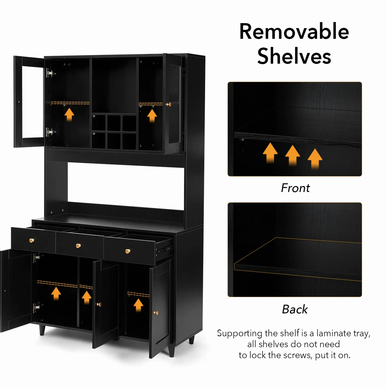 VOWNER Credenza Cucina, Mobile Buffet con 5 Armadietti, Mobile da Cucina Dispensa, Armadio Dispensa, 5 Ripiani Regolabili, per Cucina, Soggiorno, 100L x 38W x 181H cm, Nero