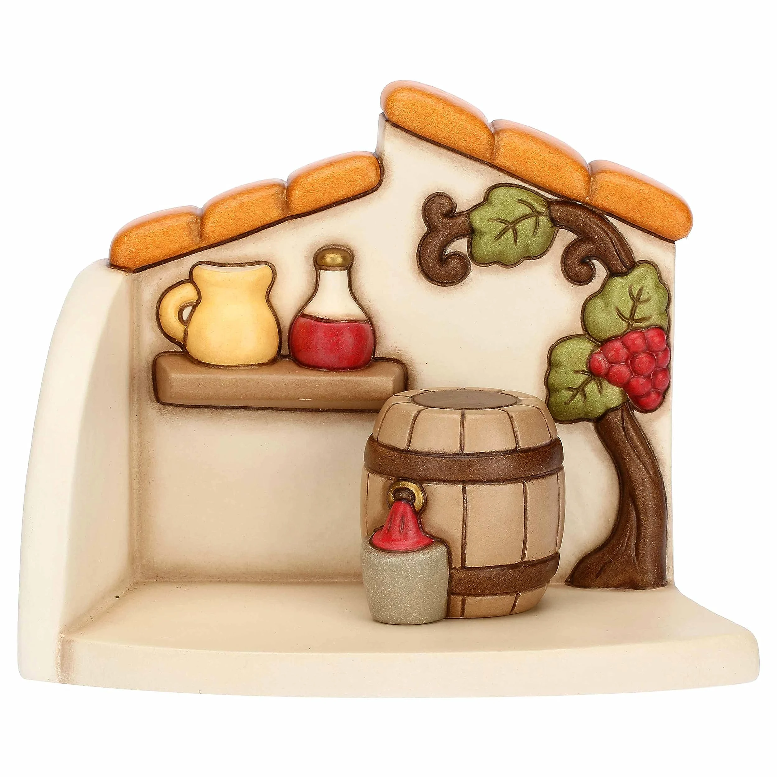 THUN - Bottega del Vino in Ceramica Decorata a Mano, Linea Presepe Classico, Decorazioni Natale Casa, Bottega 16x10x13 cm h; Botte 4.3x4.3x4.5 cm h