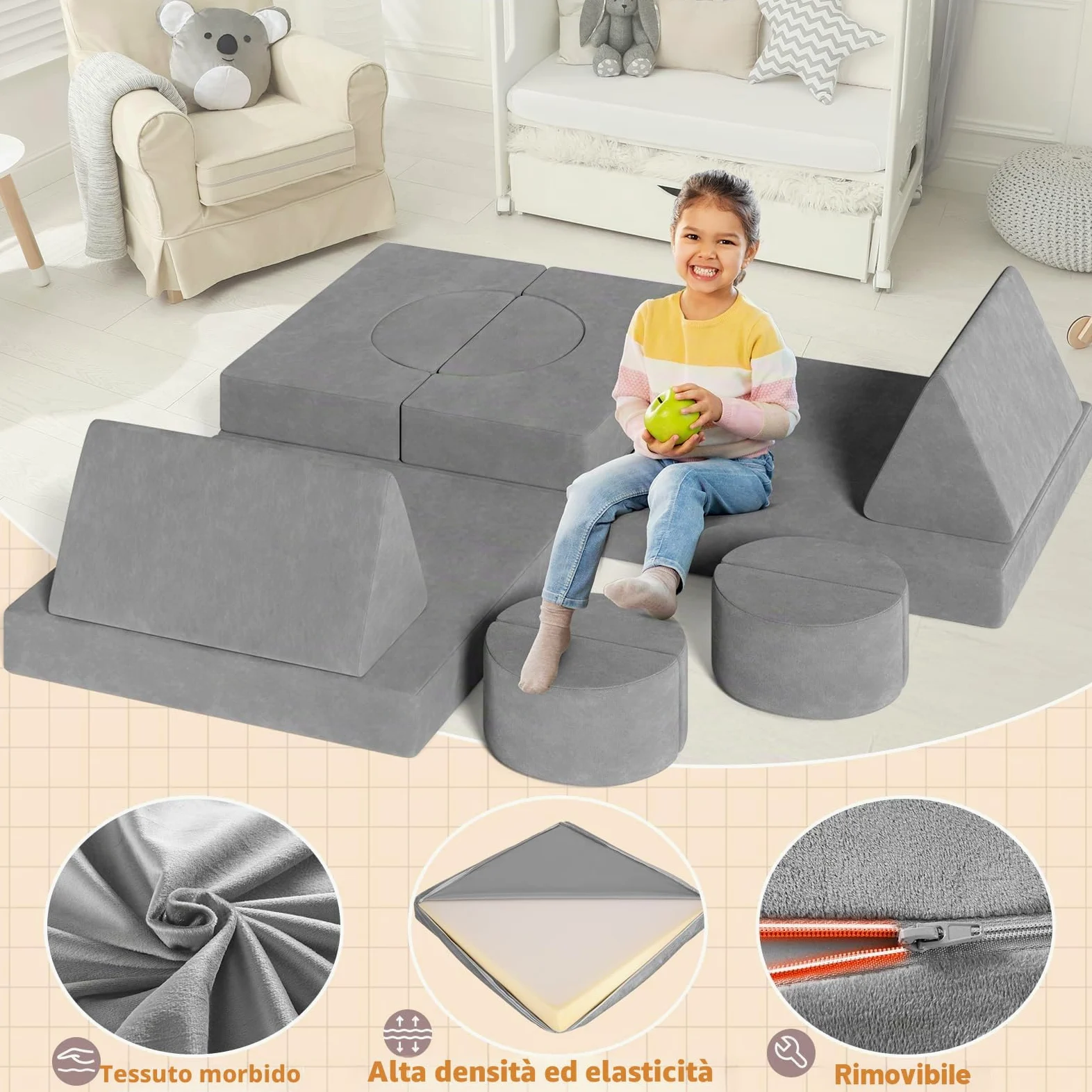 MAMIZO Divano da Gioco per Bambini, DivanoModulare per Bambini con 15PCS Modulo, Poltrona Letto bambino, Divano Trasformabile in Schiuma per bambino, per Camera da Letto, Sala Giochi