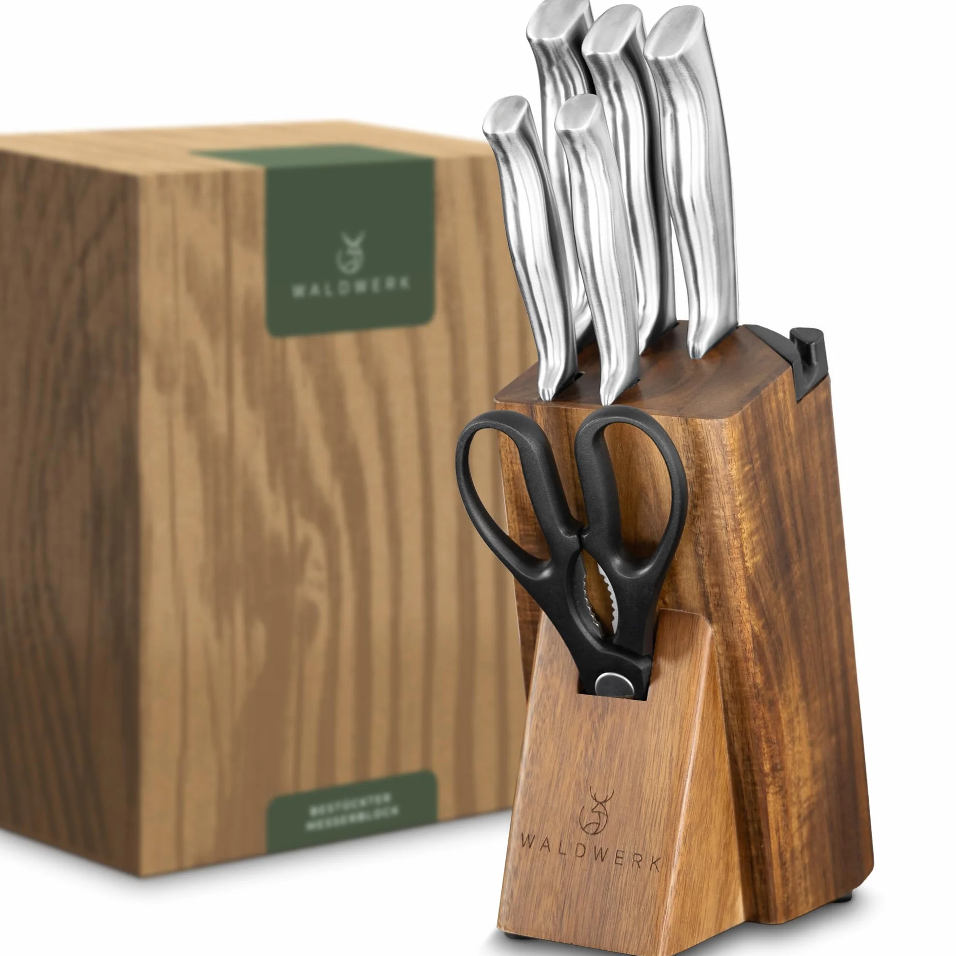 WALDWERK Blocco Coltelli - Set coltelli da cucina 7 pezzi con blocco porta coltelli e affilacoltelli integrato - ceppo coltelli da cucina - set coltelli da cucina professionali