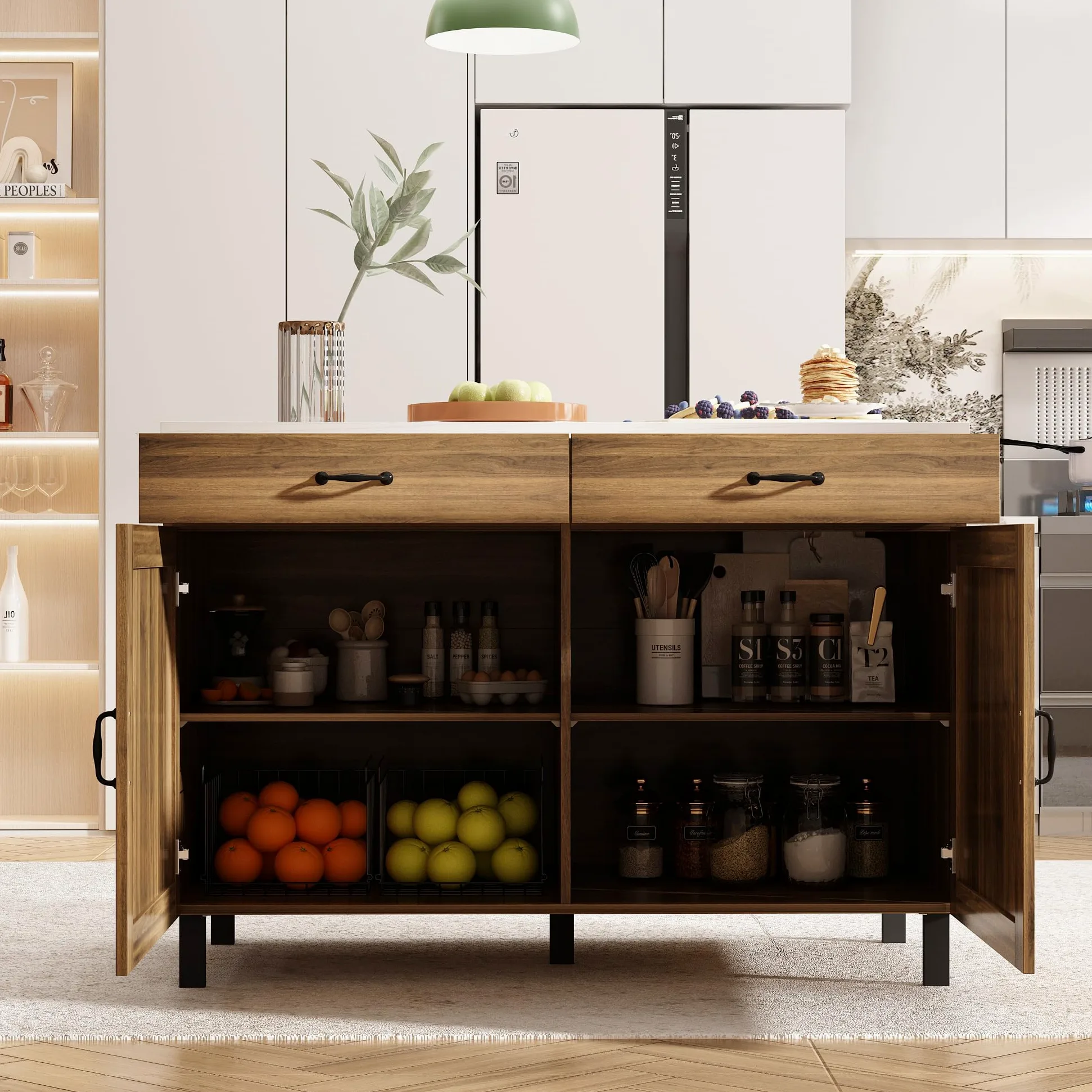 Isola cucina con piano di lavoro, armadio da cucina a cassetti, tavolo centrale con ante e cassetti, buffet marrone e bianco, 120x60x85 cm, MDF