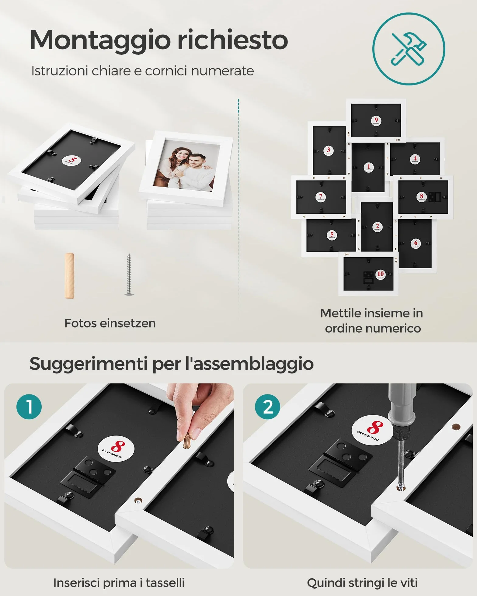 SONGMICS Cornici per Foto 10x15 cm, Set da Parete, Decorazioni Murali, Bianco Nuvola RPF20WT