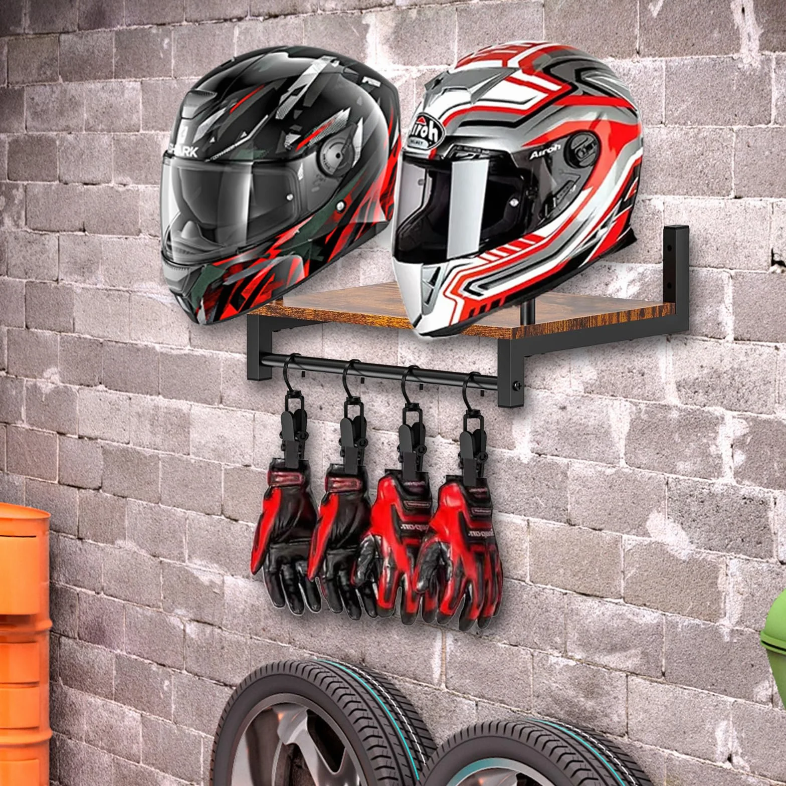 Porta Casco Moto da Parete per 2 Caschi con 4 Clip Appendere Guanti Abbigliamento Moto