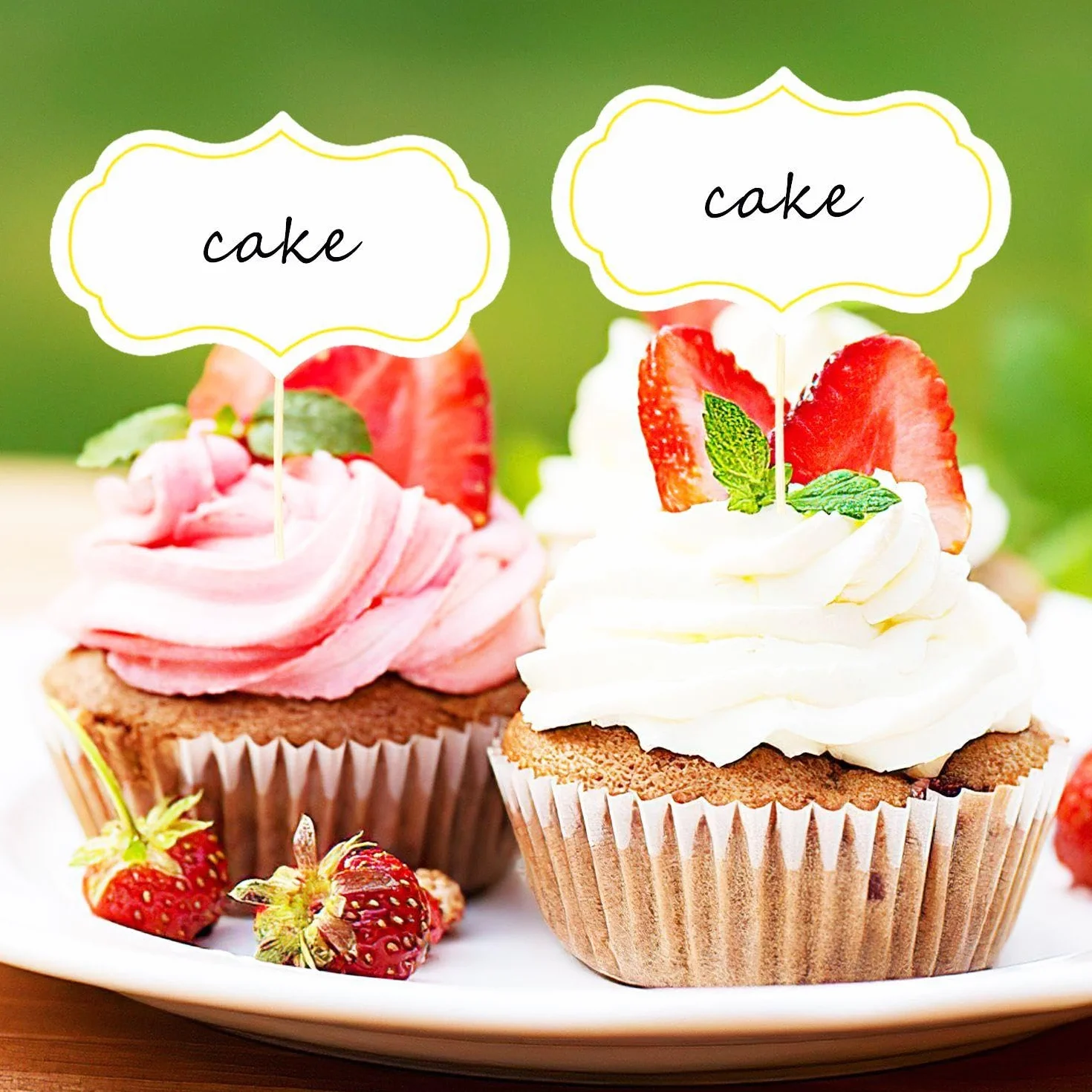 Stuzzicadenti con logo, etichette per torte, loghi per buffet, bandiere, segni