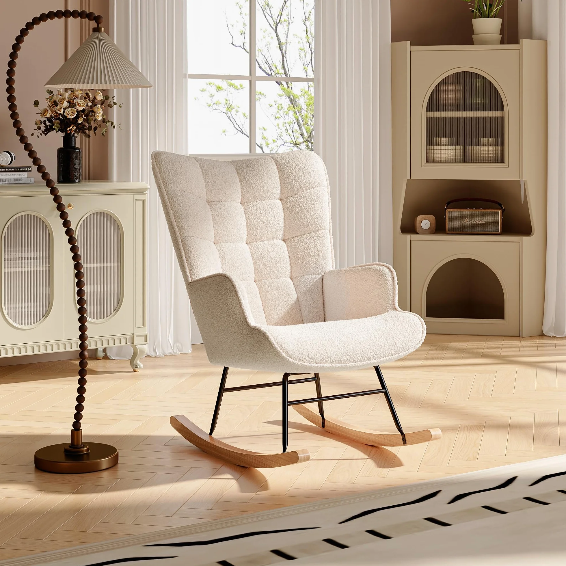 KeepGoon - Poltrona a dondolo, sedia relax oscillante, poltrona per soggiorno, per camera da letto, in velluto Teddy, con schienale a quadretti (beige)